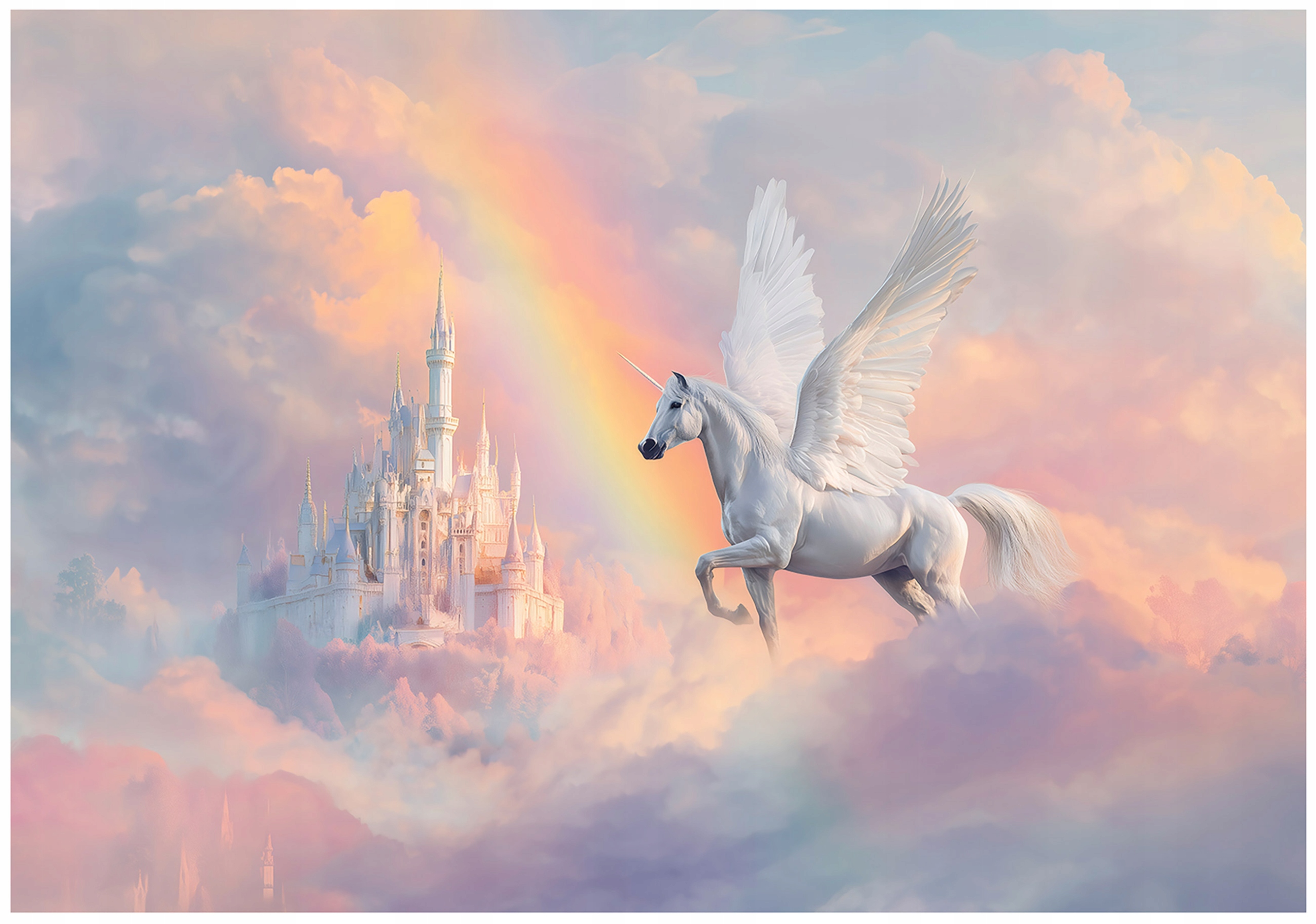 Wall mural for girls: castle, unicorn, and clouds – children's wallpaper, 150x105 cm