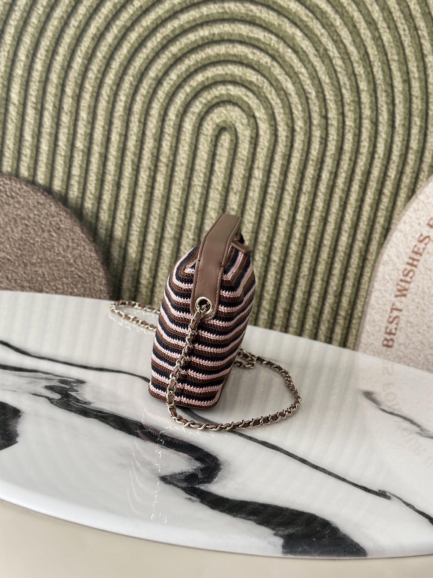 26P Cruise Mini Hobo Pouch with Chain in BrownPinkNavy Striped Crochet and Lambskin with Light Gold-Tone Hardware - Mocuir