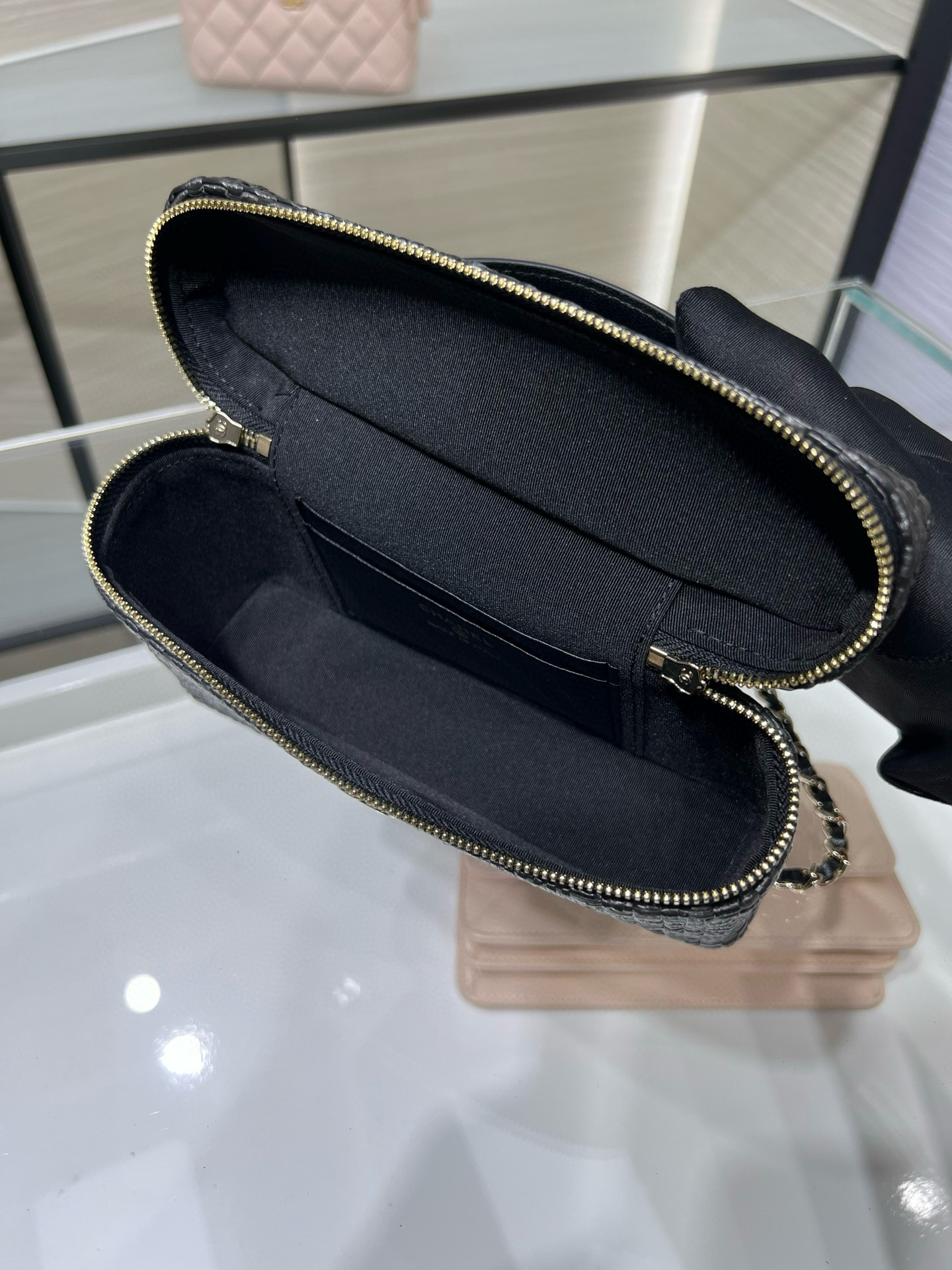 26P Pre-Collection AP4385 Long Vanity Case (LP Style Bag) in Black Braided Quilted Grained Calfskin (Caviar) with Antique Gold-Tone Hardware - Mocuir