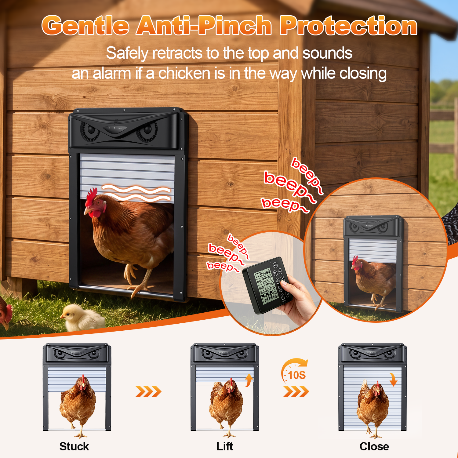 Automatic Chicken Coop Door with LCD Remote, 7W Solar Power, Timer, PIR Alarm & Anti-Pinch, Roll-Up Design