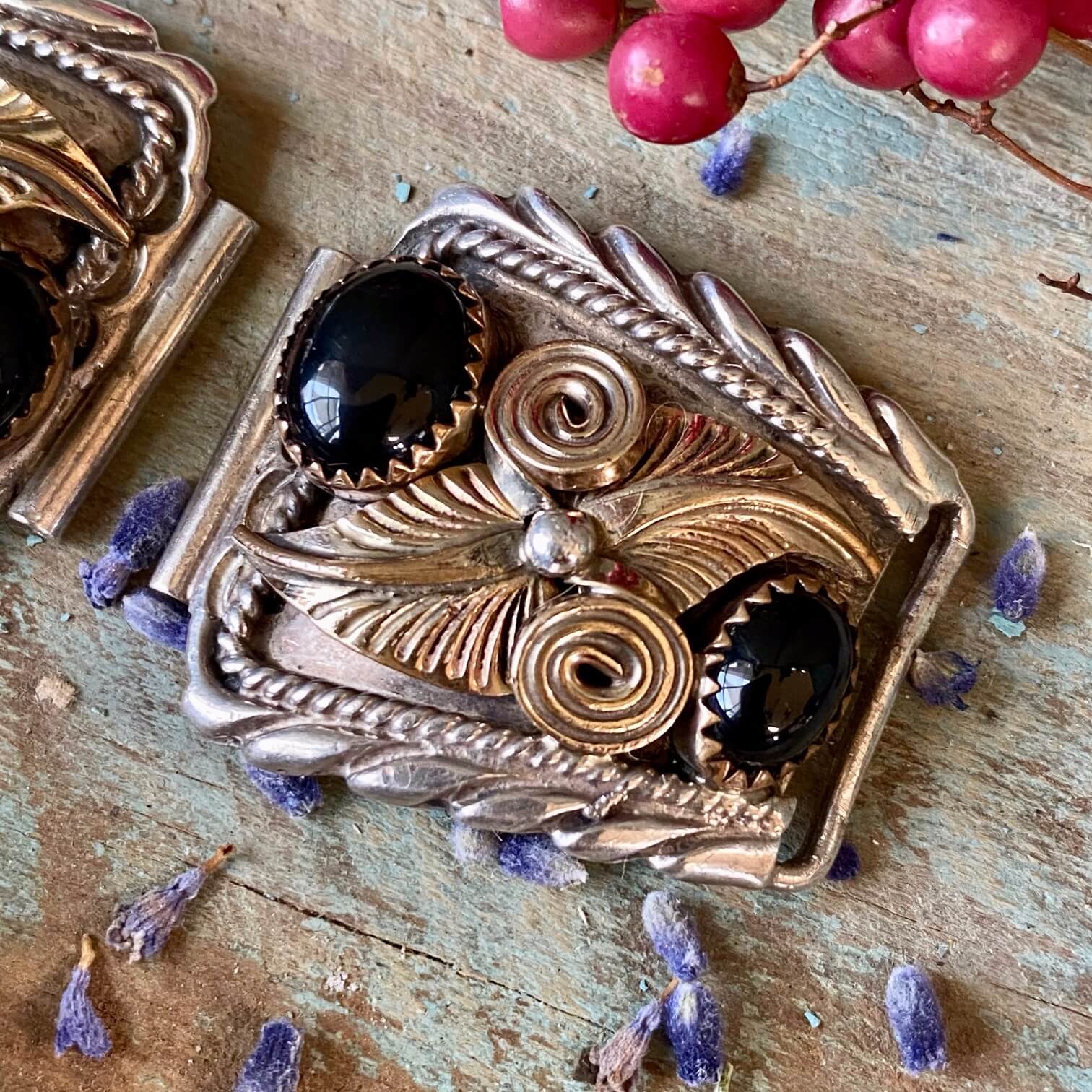 Navajo Watch Band Plates Onyx Sterling Silver Gold
