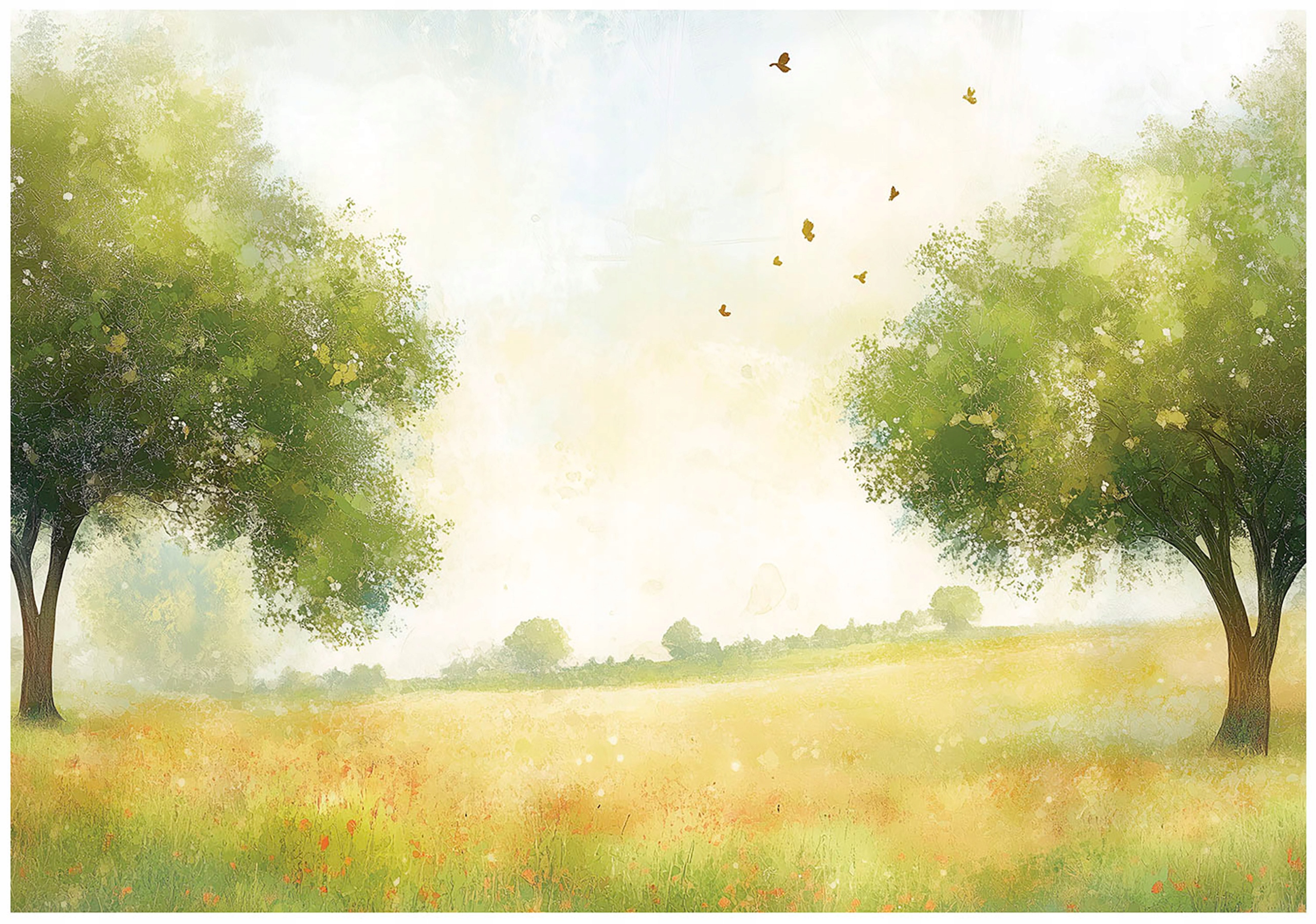 3D meadow wall mural featuring trees and nature in green, perfect for a bedroom or living room wall