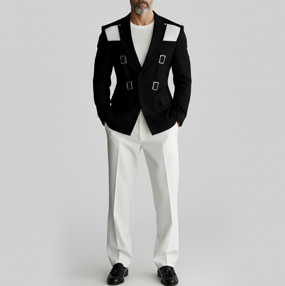 Men's Fashion Solid Cutout Peak Lapel Buckle Straps Single Breasted Long Sleeve Blazers