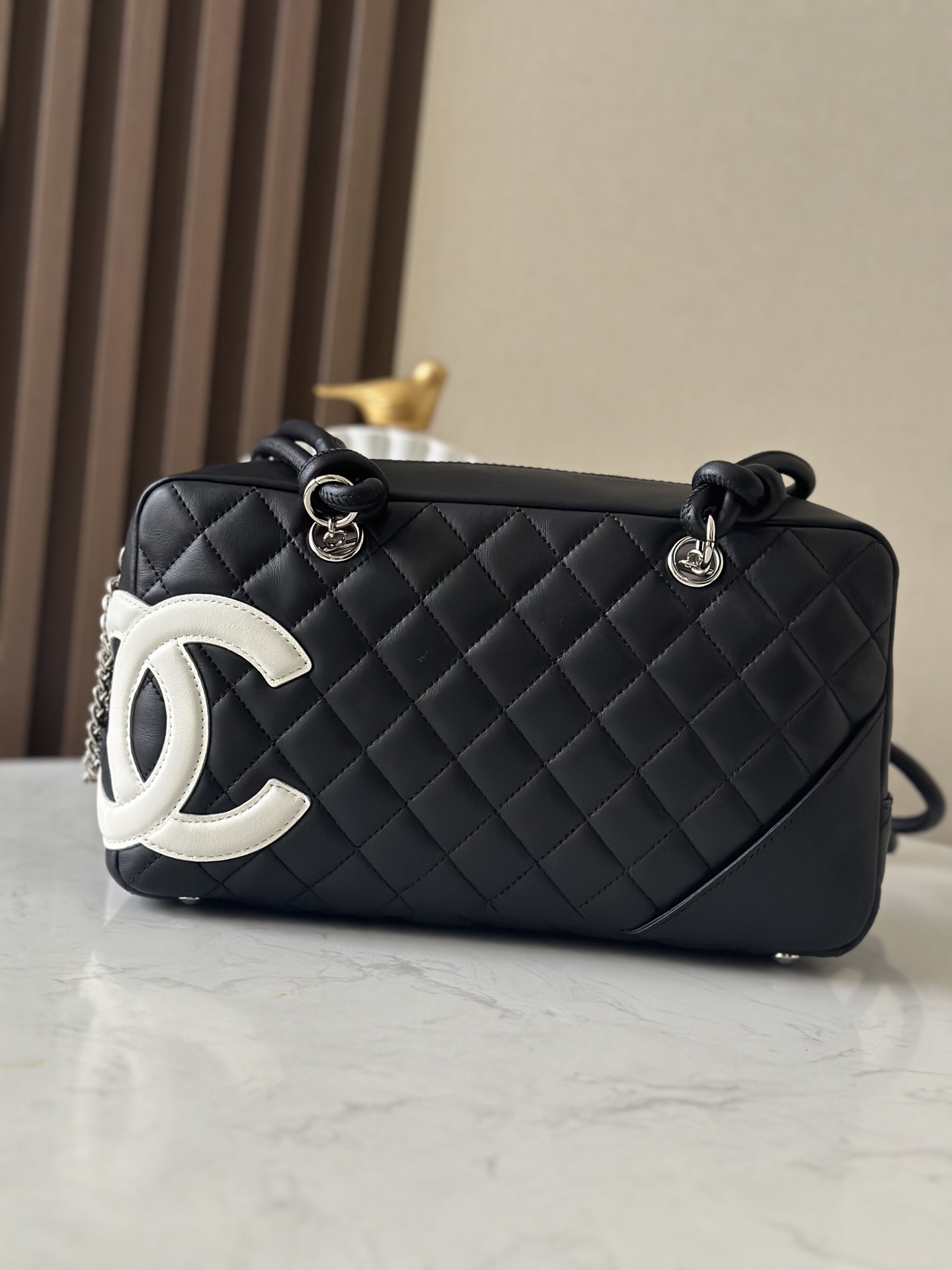 Black & White Quilted Cambon Bowling Bag with Silver Hardware - Mocuir