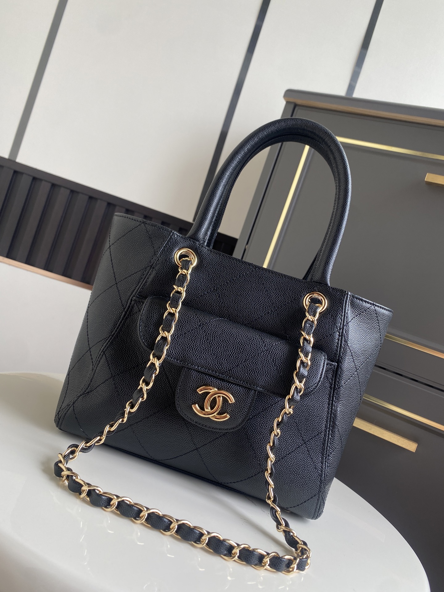 Cruise 2026 Black Quilted Caviar Calfskin Mini Tote Bag with Gold-Tone Hardware - Mocuir