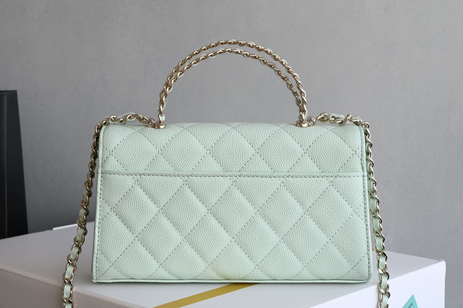 25S Top Handle Kelly Clutch with Chain in Mint Green Caviar Leather with Light Gold-Tone Hardware (Model AS4711) - Mocuir