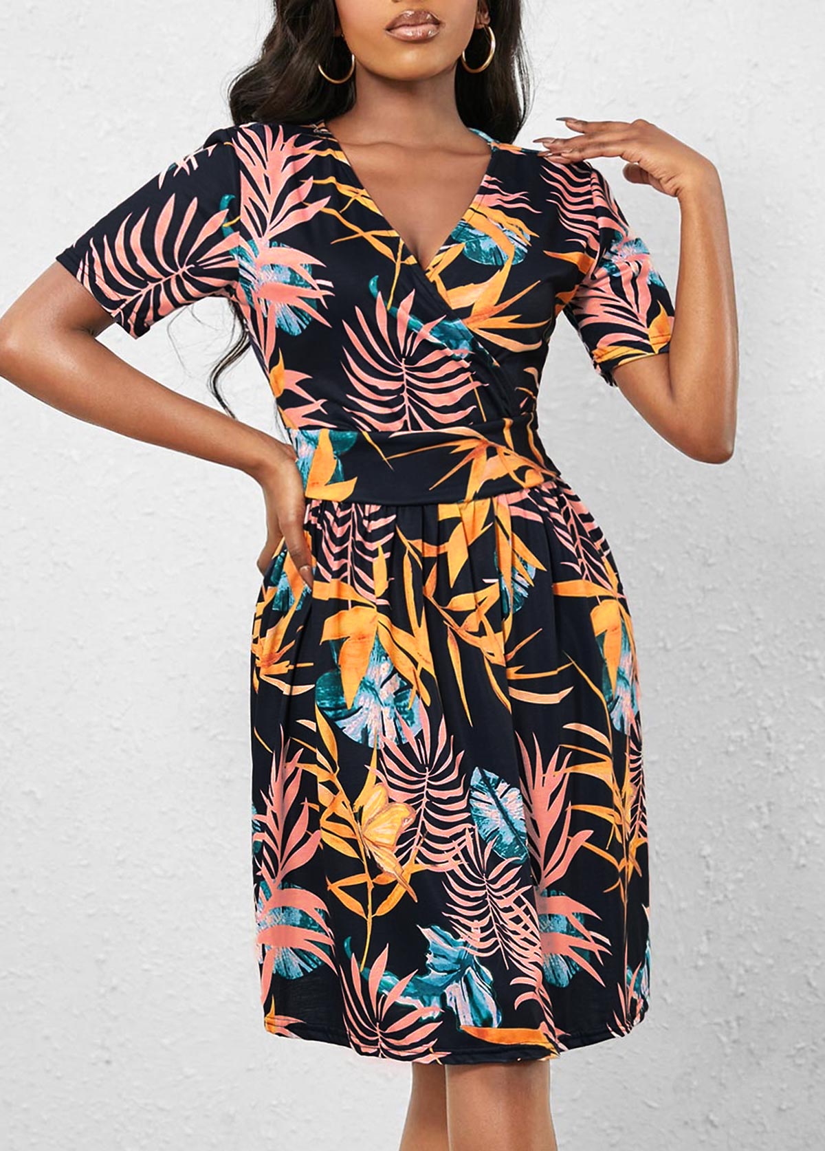 Navy Blue V Neck Leaf Print Dress