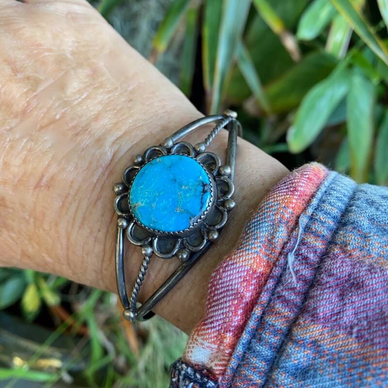 Navajo Sterling SIlver Cuff Bracelet with Large Round Turquoise Stone