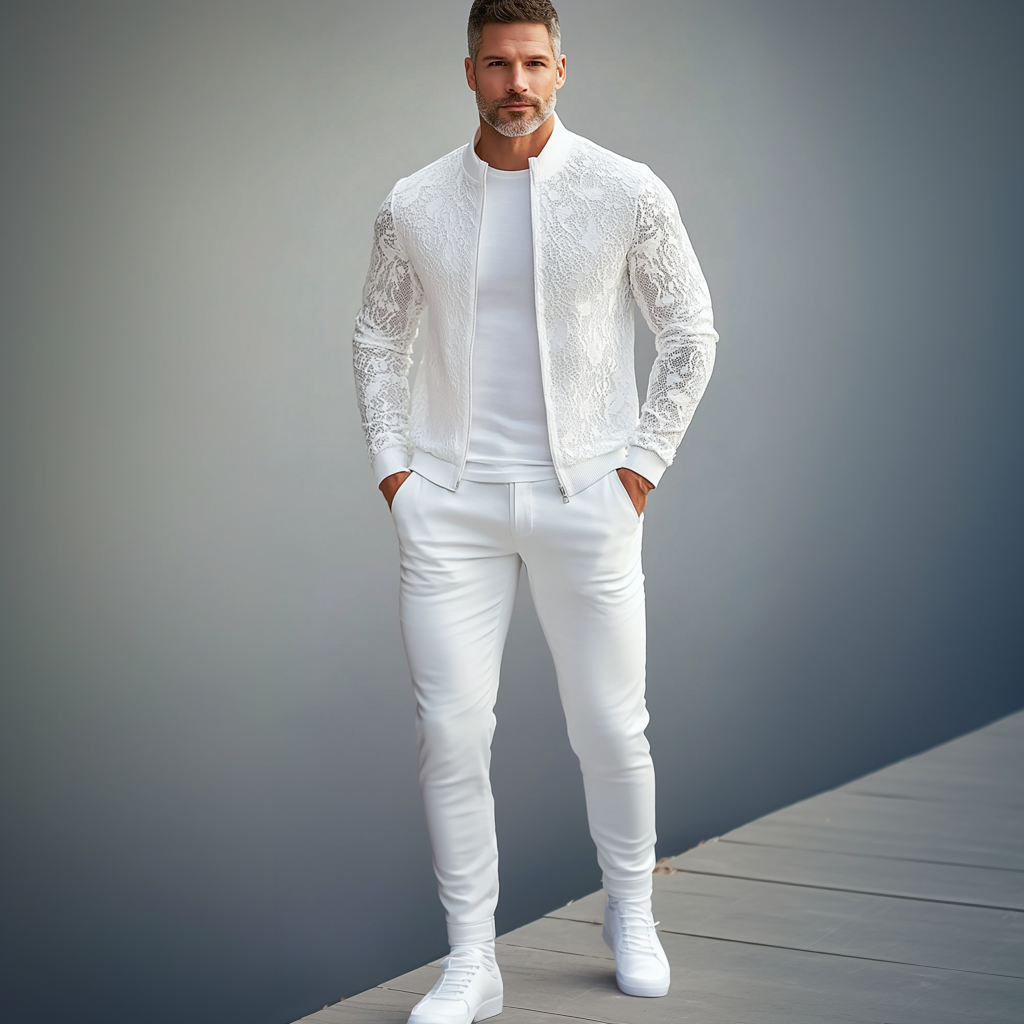 Men's Lace See-Through Stand Collar Zip Up Long Sleeve Jacket