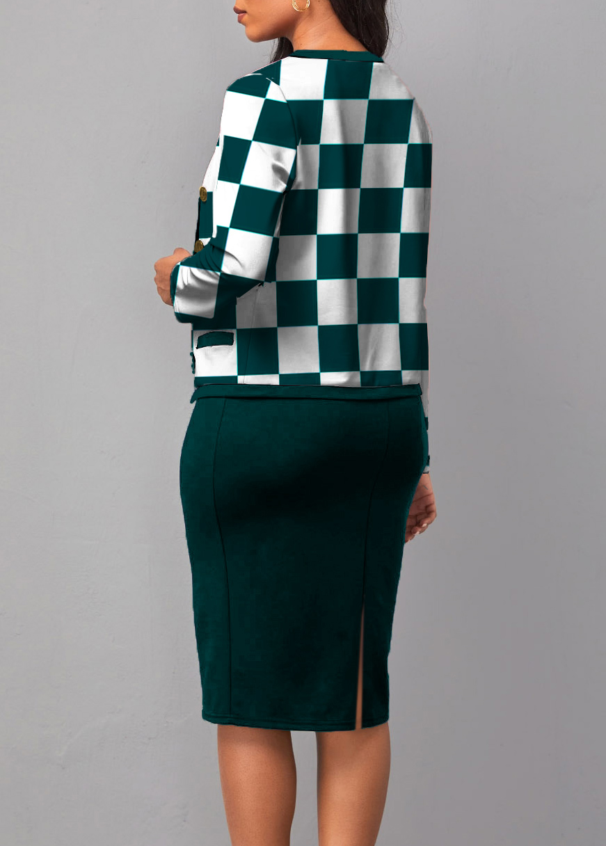 Round Neck Checkered Print Long Sleeve Two Piece Dress