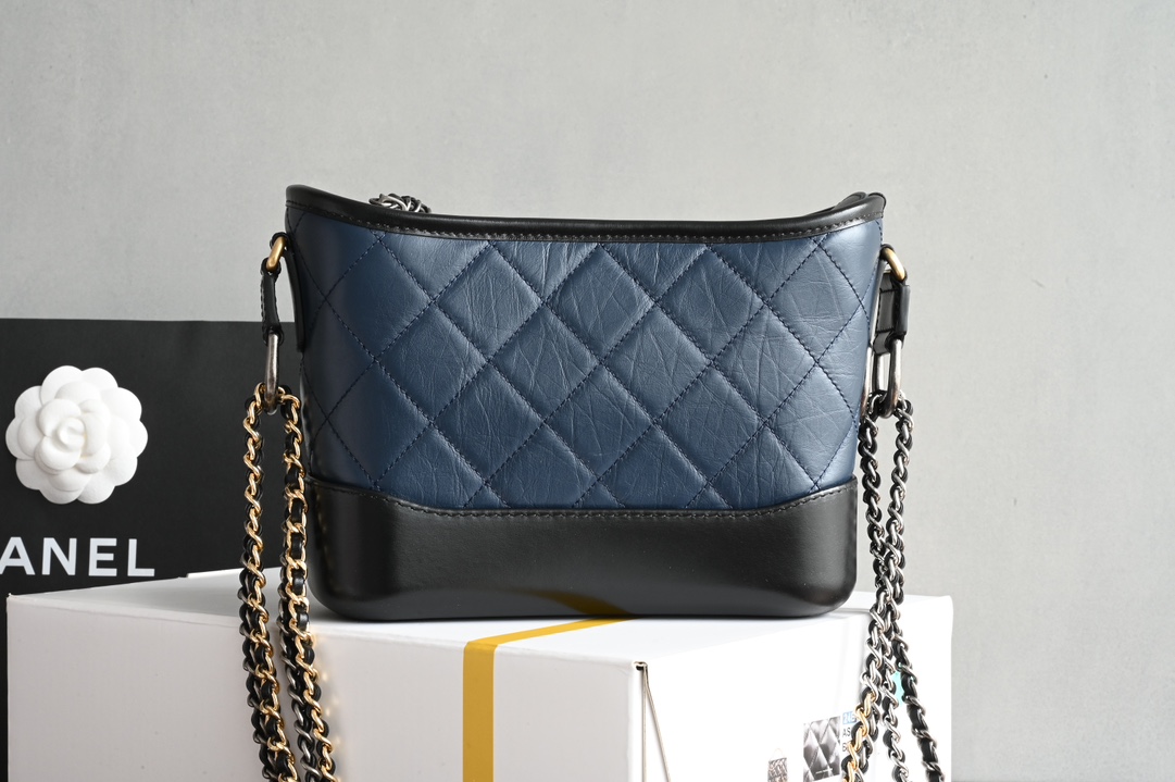 Small Gabrielle Hobo Bag in Navy Blue and Black Quilted Aged Calfskin with Gold-Tone and Silver-Tone Metal (Model A91810) - Mocuir