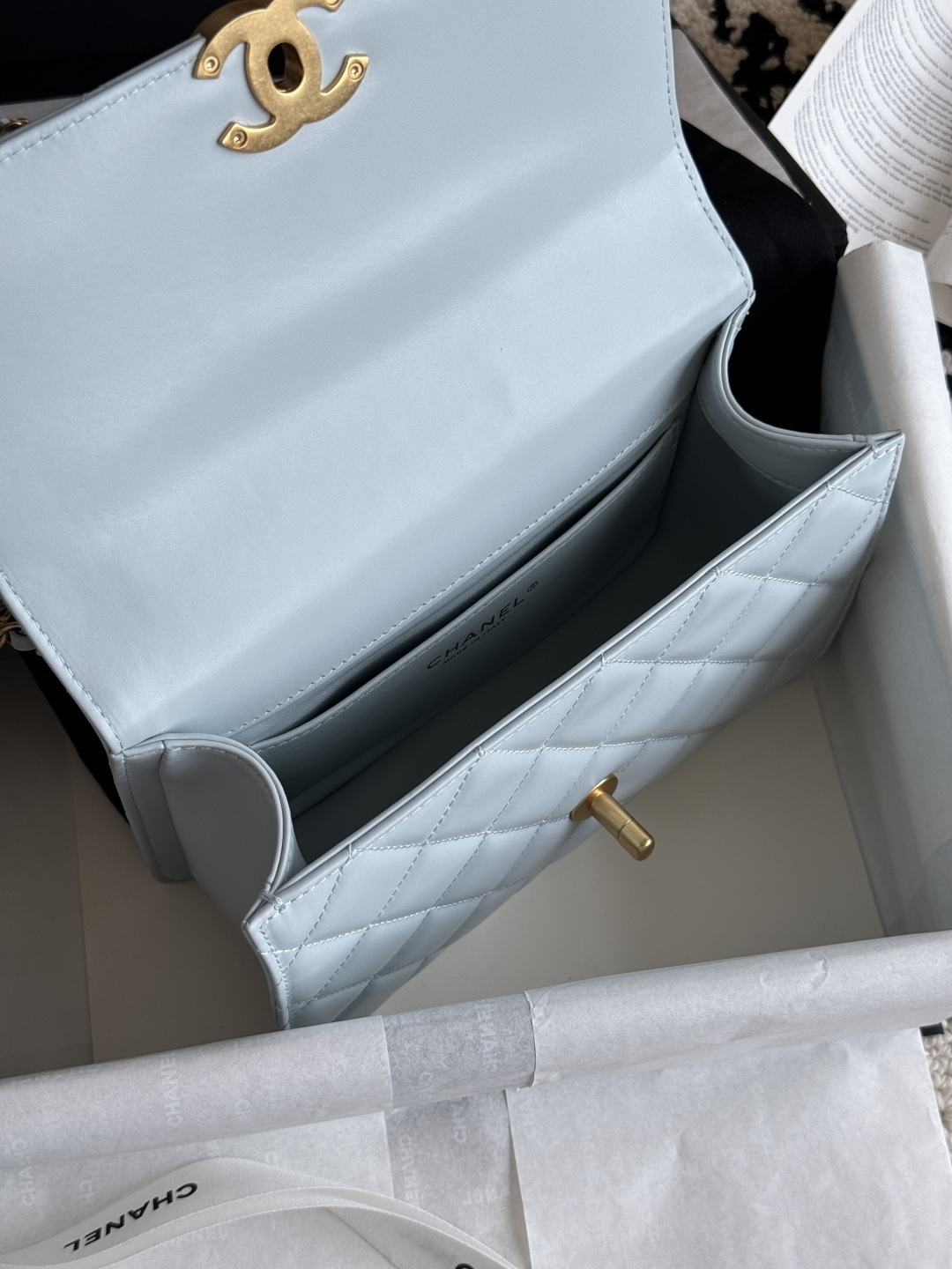 Wallet On Chain (WOC) with Double Gold Balls in Light Blue Quilted Shiny Caviar Leather with Antique Gold-Tone Hardware - Mocuir