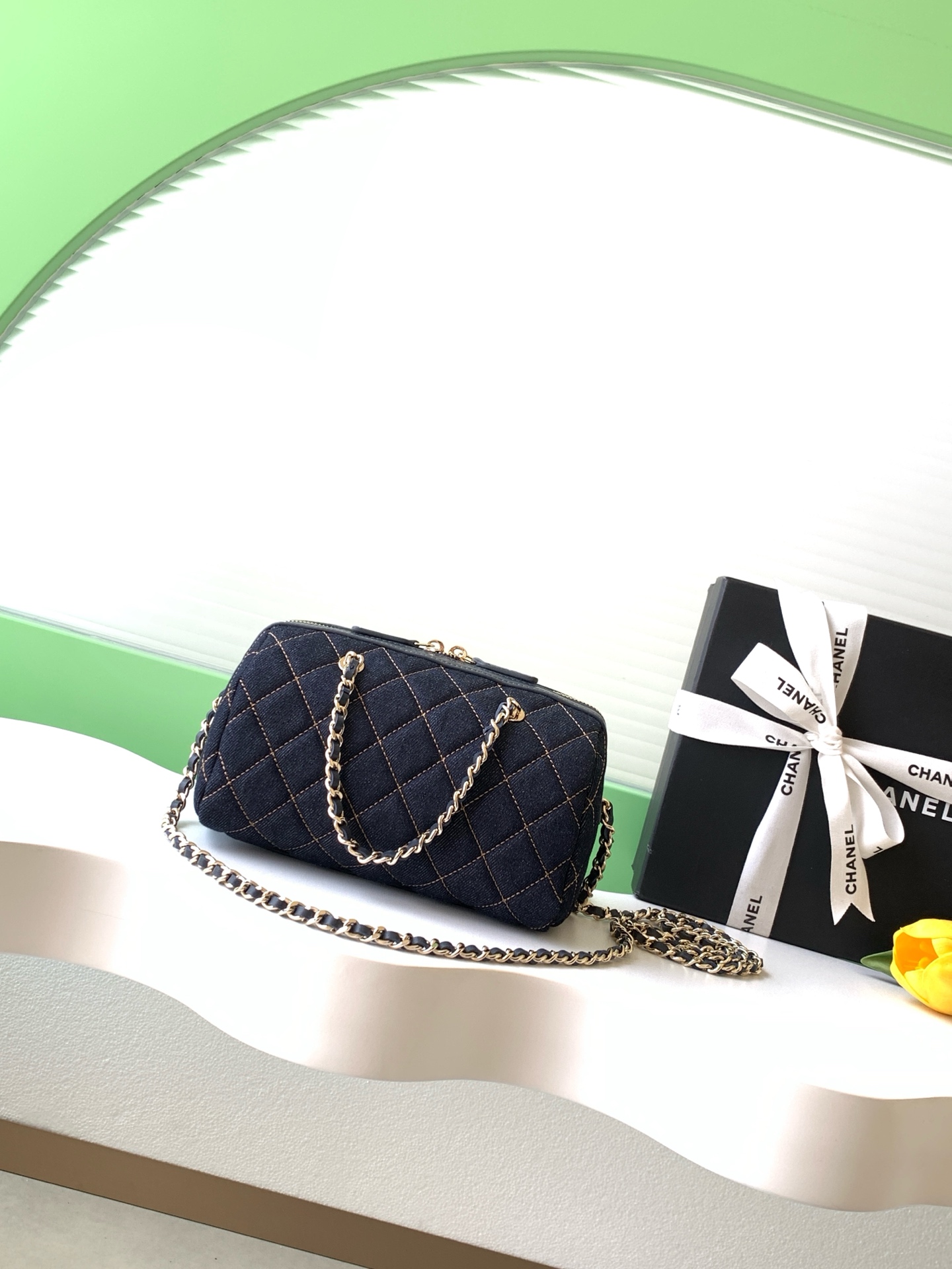 26P Pre-Collection Denim Quilted LP Lunch Box Bowling Bag in Dark Blue with Gold Hardware (Model AS4836) - Mocuir