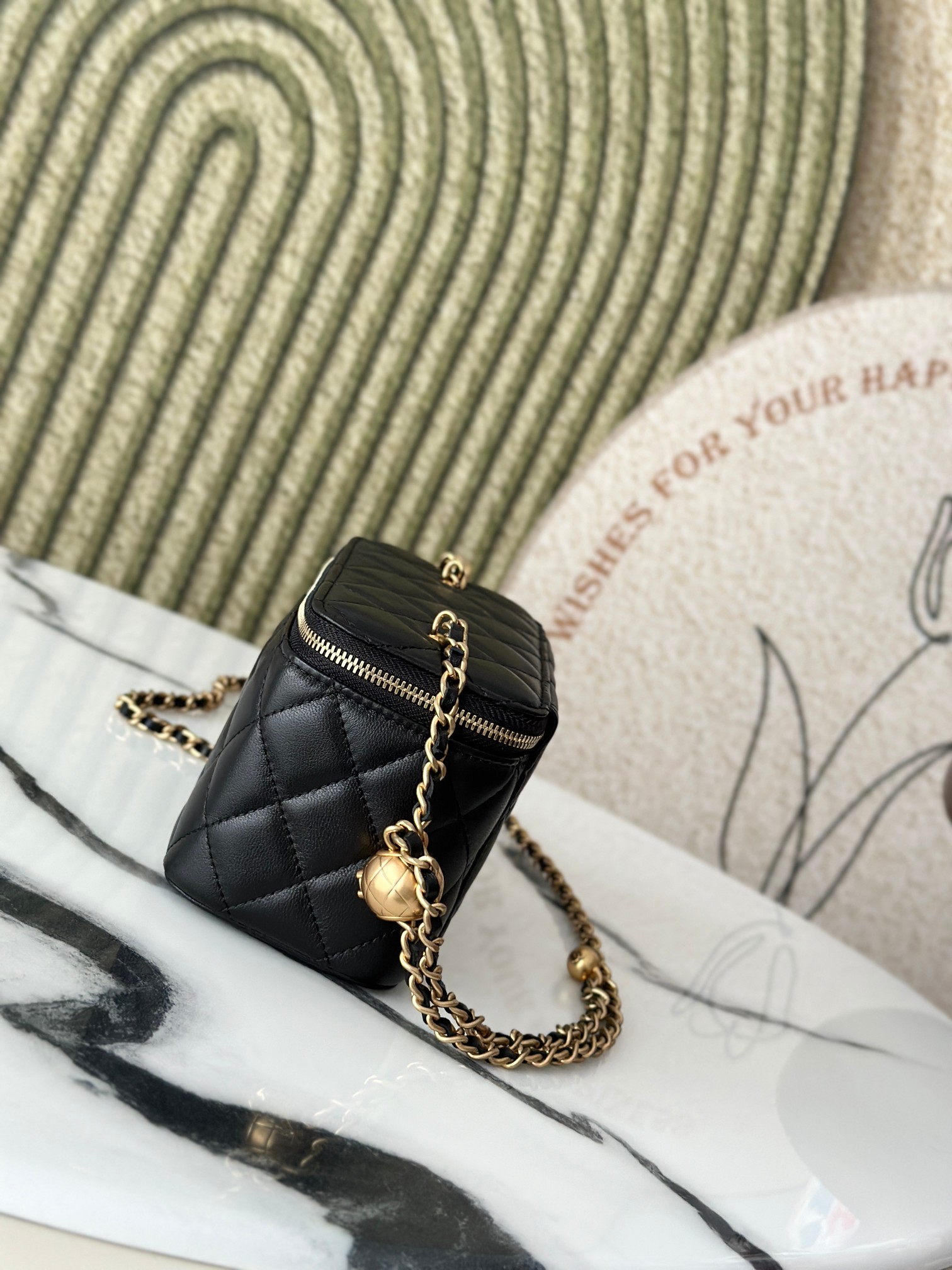 Mini Rectangular Vanity Case with Adjustable Ball Chain in Black Quilted Lambskin with Gold-Tone Hardware - Mocuir