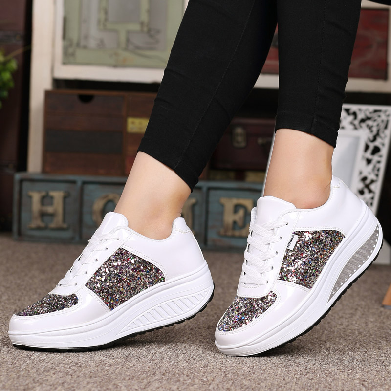 Zapatos deportivos casuales brillantes, ligeros y cómodos con plataforma para mujer