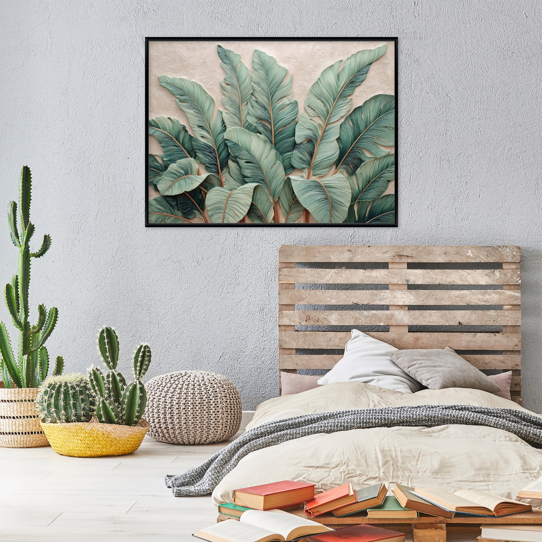 Black framed canvas painting, 3D concrete leaves, living room, bedroom, 40x30