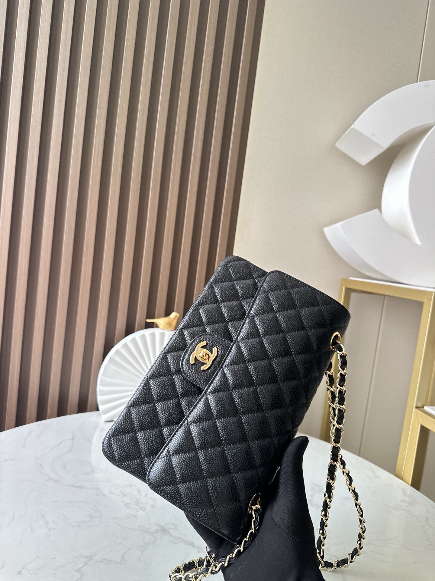 Black Caviar Quilted Medium Classic Flap Bag with Gold Hardware - Mocuir
