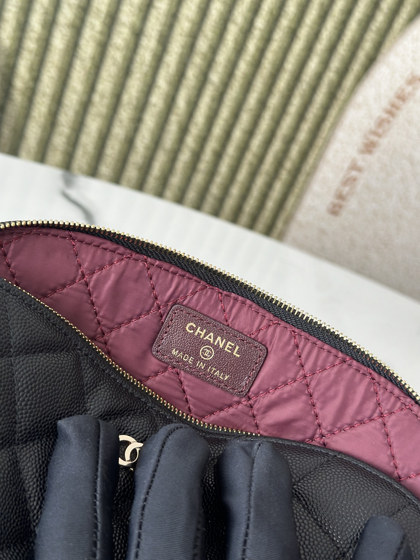 Classic Quilted Caviar Curvy Pouch Cosmetic Case in Black with Gold-Tone Hardware - Mocuir