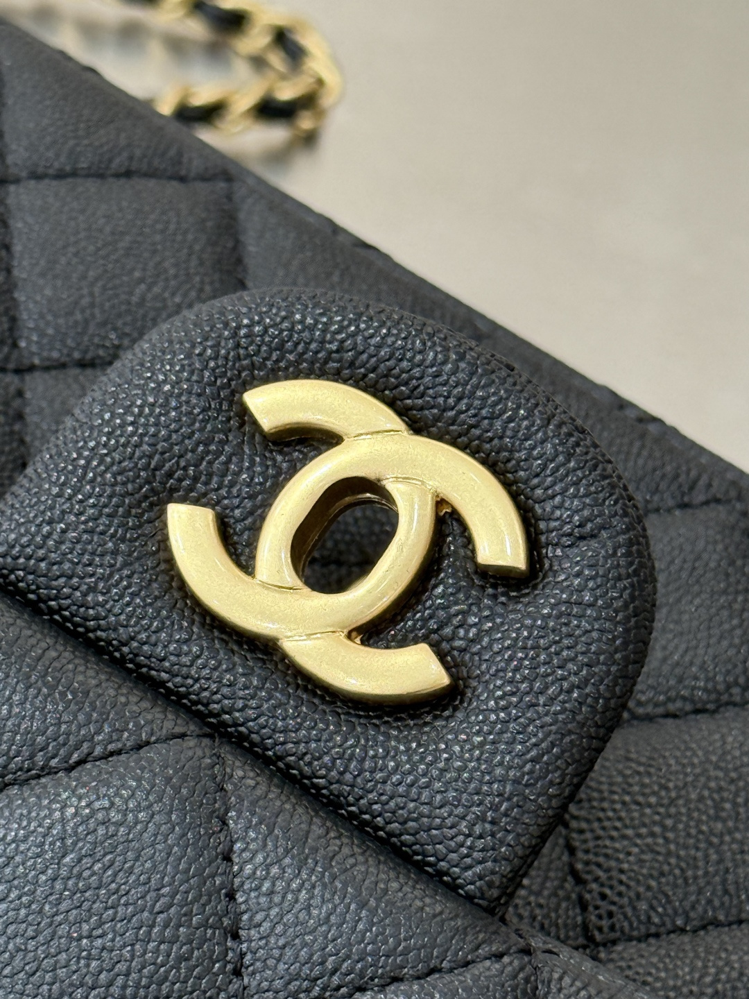 Mini Flap Bag with Top Handle (AS2215) in Black Quilted Grained Calfskin (Caviar) with Antique Gold-Tone Hardware - Mocuir