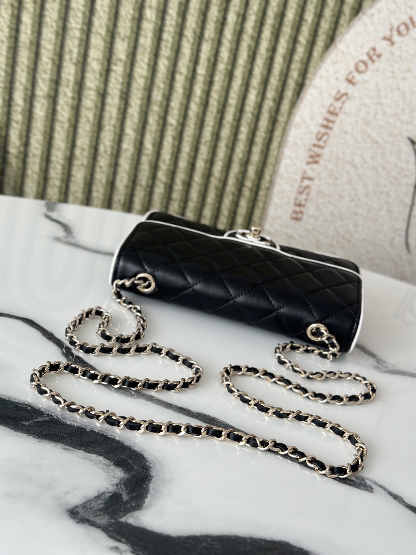 Black Lambskin Quilted Mini Flap Bag with White Trim & Gold Hardware - Mocuir