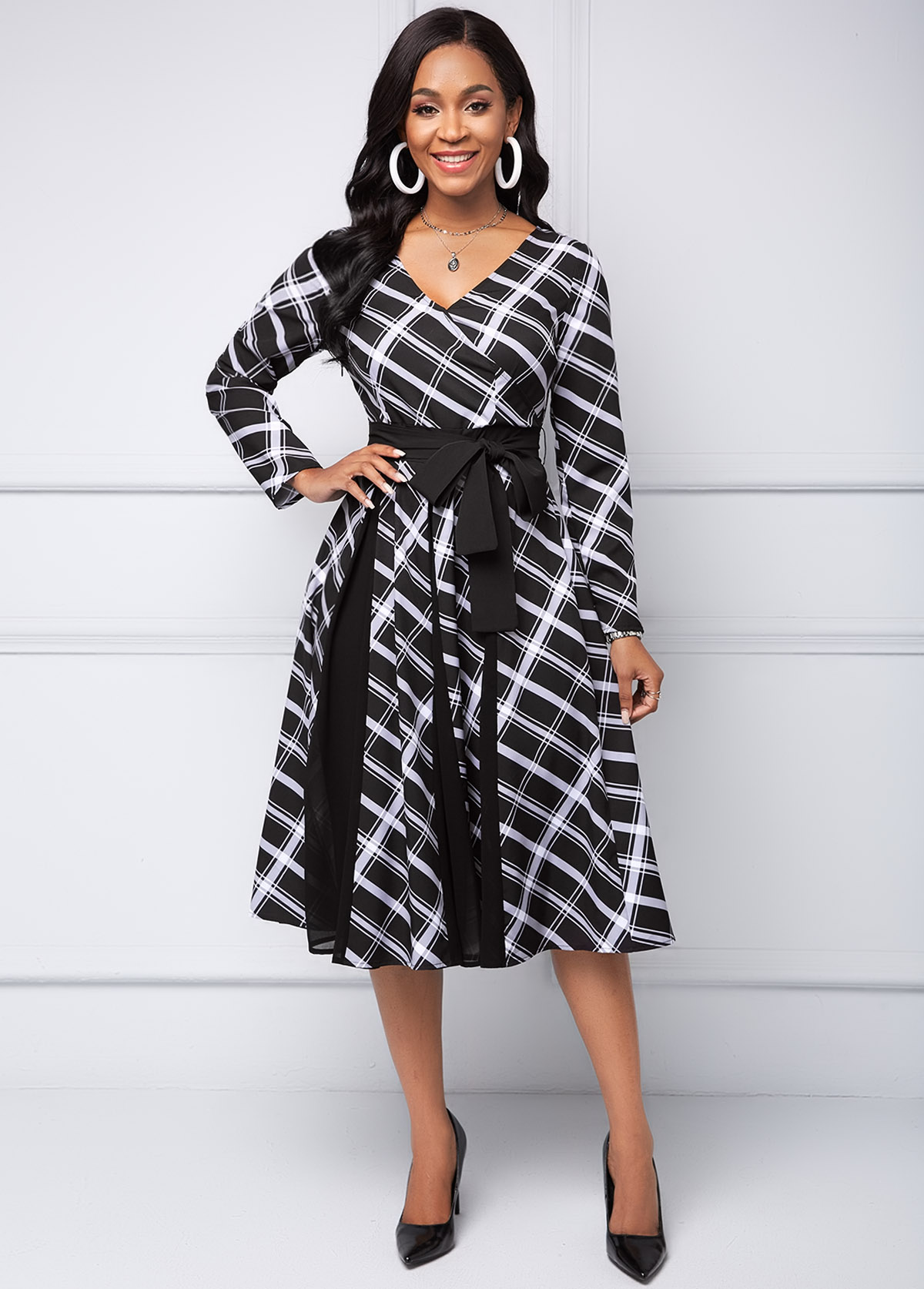 V Neck Long Sleeve Plaid dress
