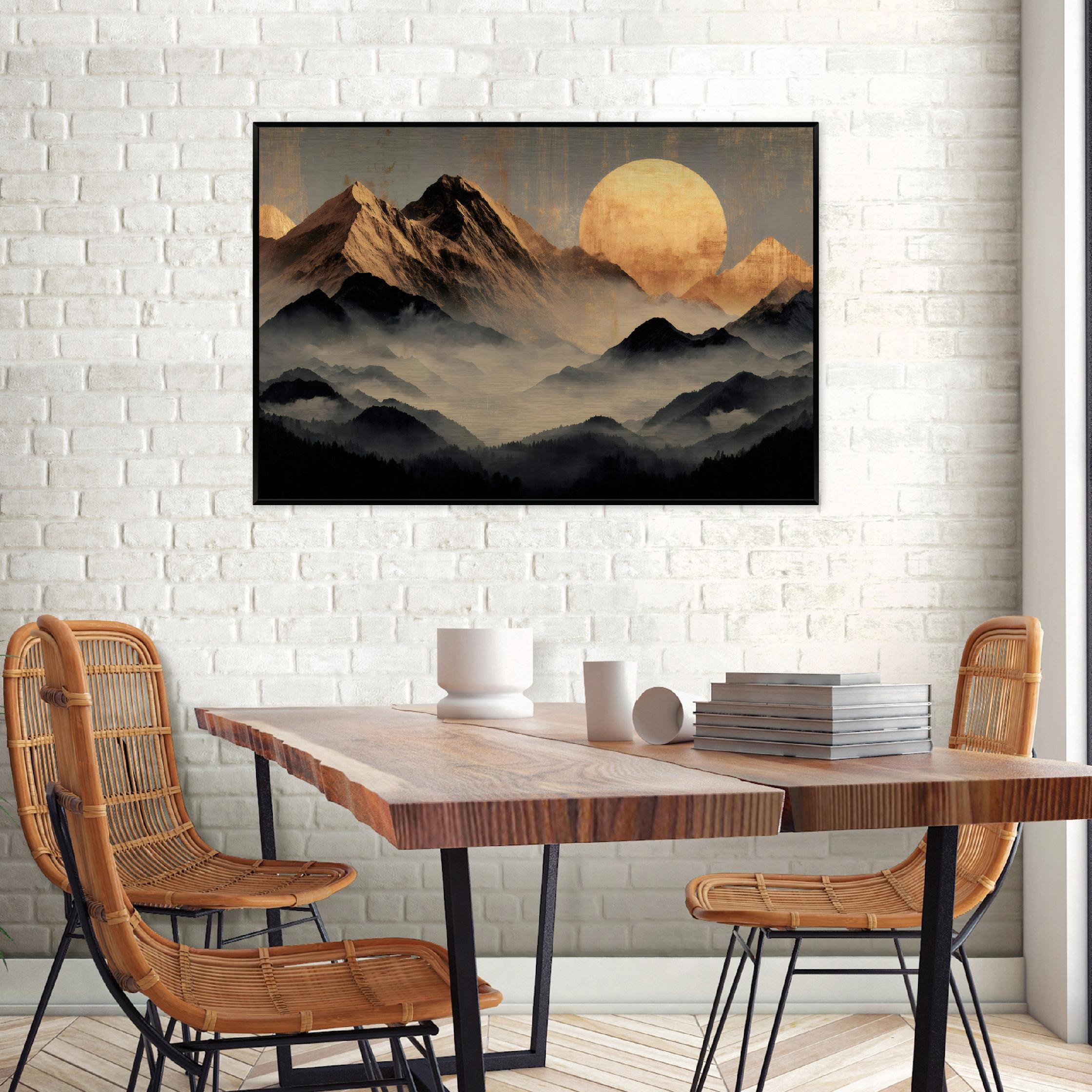 Metal canvas print in a black frame, abstract mountain landscape, loft, living room, bedroom, 120x80