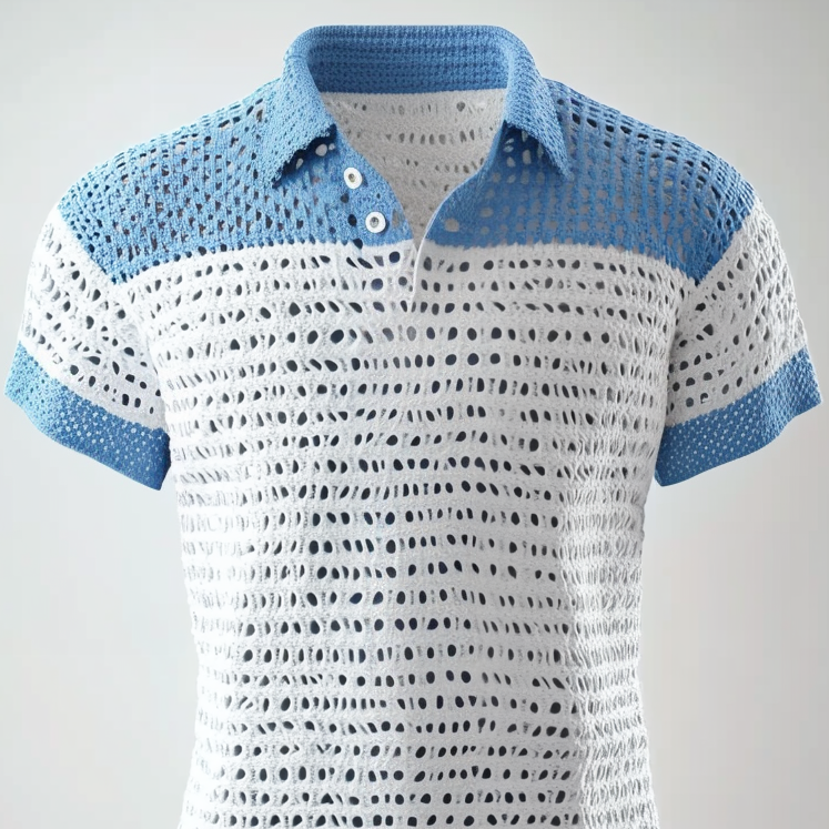 Men's Colorblock Half Button Short Sleeve Knitted Hollow Out Polo Shirt