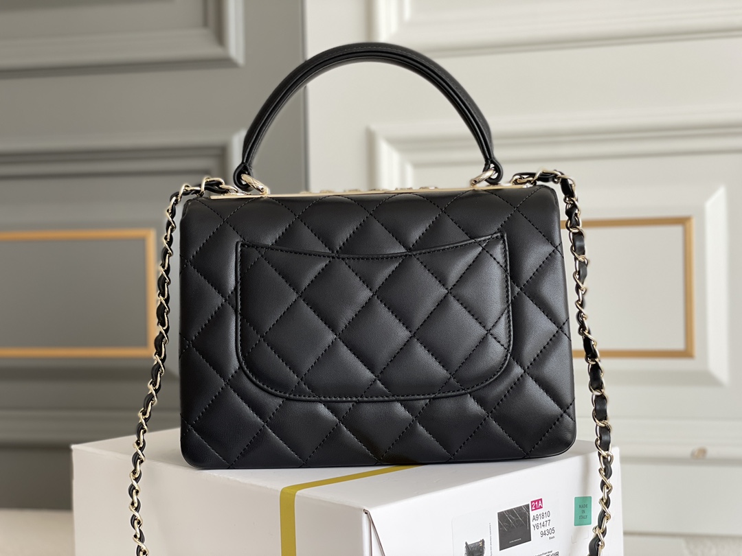 Trendy CC Small Top Handle Flap Bag in Black Quilted Lambskin with Gold-Tone Hardware (Model A92236) - Mocuir