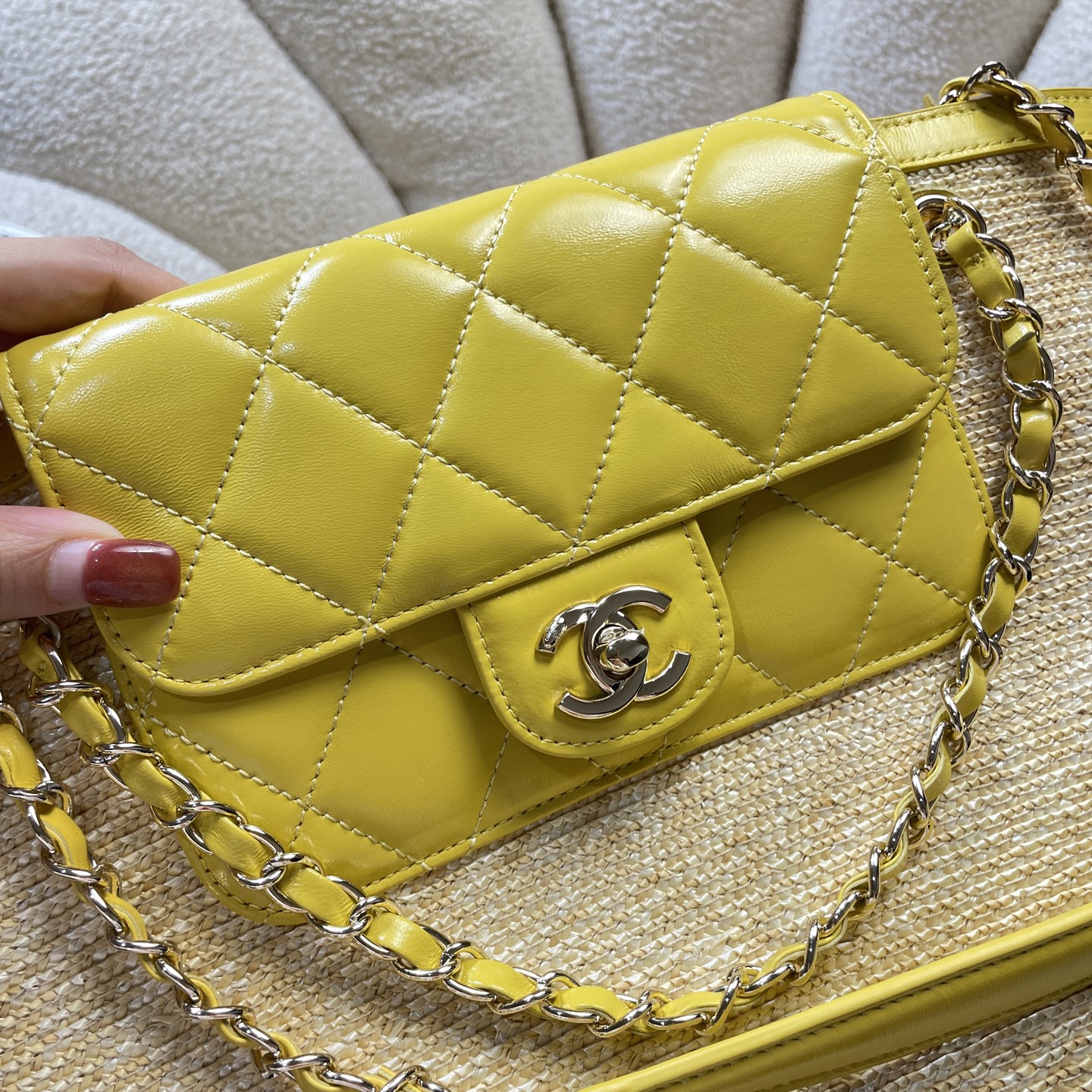 Large Straw & Lambskin Tote Bag with Pouch in Bright Yellow with Light Gold-Tone Hardware, 25C Cruise Collection - Mocuir