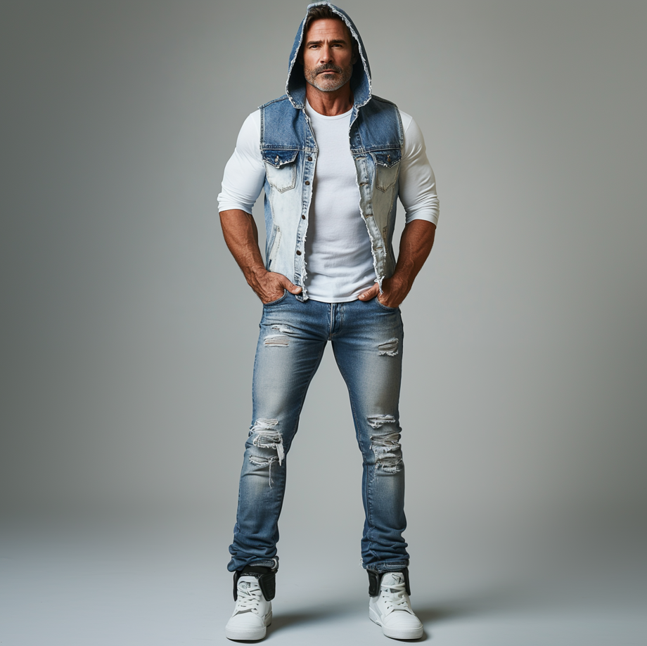 Men's Distressed Gradient Denim Single Breasted Hooded Vest