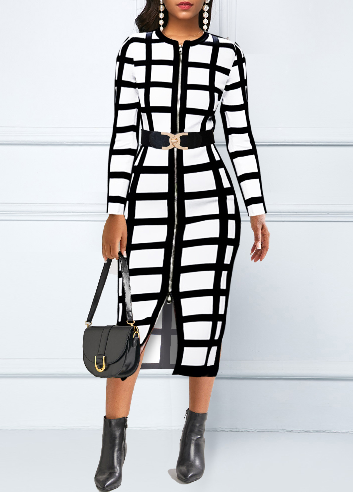 Zipper Closure Plaid Long Sleeve Black Dress