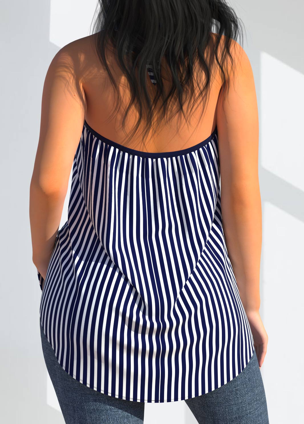 Cross Front Halter Navy Blue Striped Tank Top