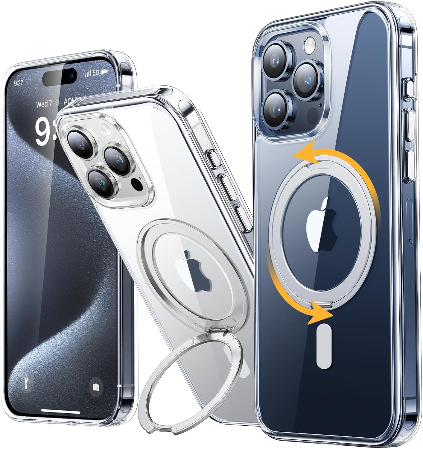 iPhone 15 Pro Max Case [360° Ring Stand] [Compatible with Magsafe] Military Drop Protection Non-Yellowing Magnetic 15 Promax Slim Thin Phone Case for Men Women - Clear, 6.7 Inches