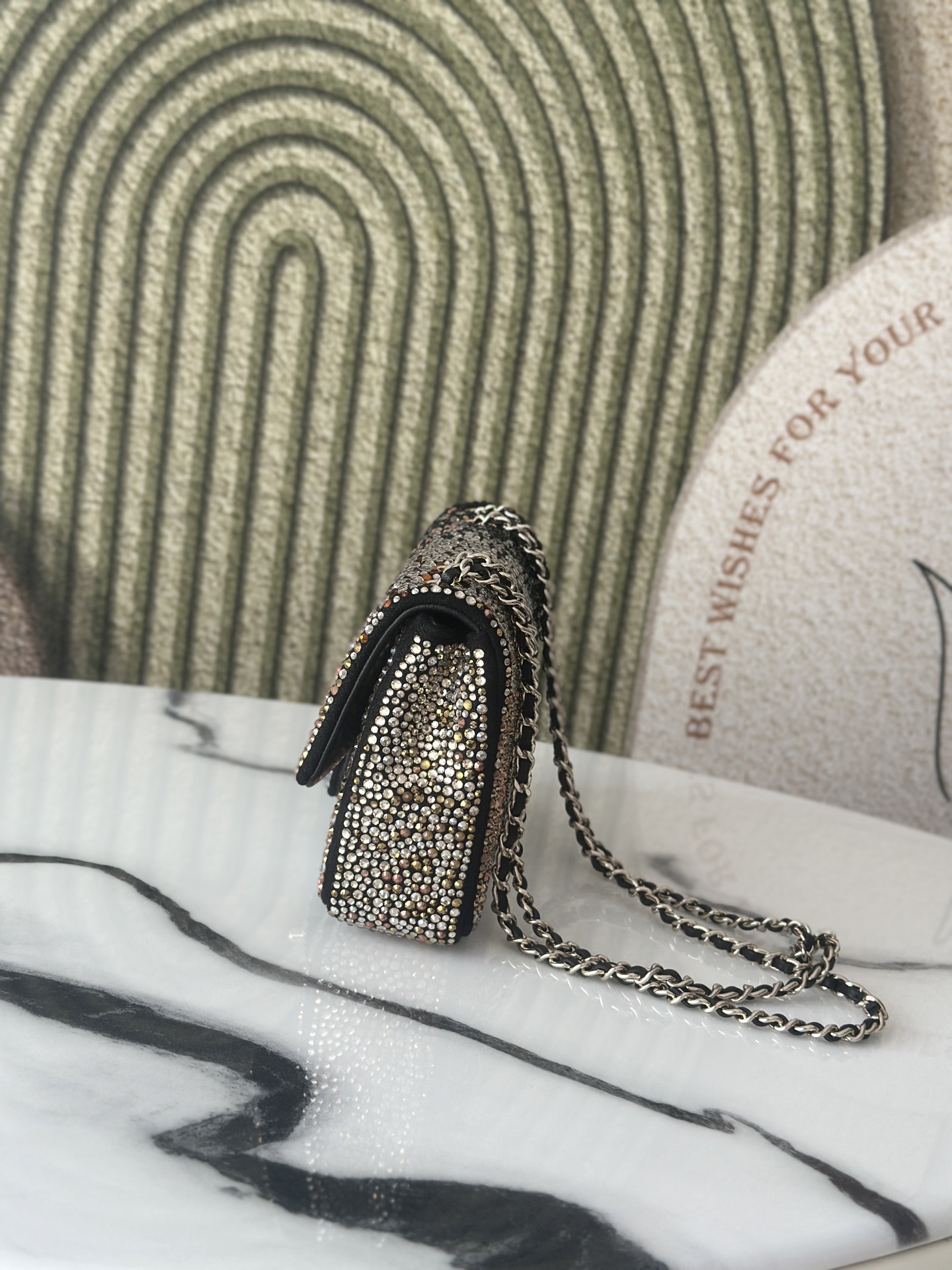 Classic Flap Mini Bag in Black Ombré Strass Crystal Embellished Suede (Gold Hardware) - Mocuir