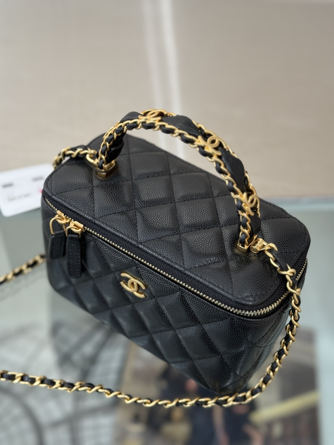 25C Top Handle Long Vanity Case (AS5221) in Black Quilted Grained Calfskin with Antique Gold-Tone Hardware - Mocuir