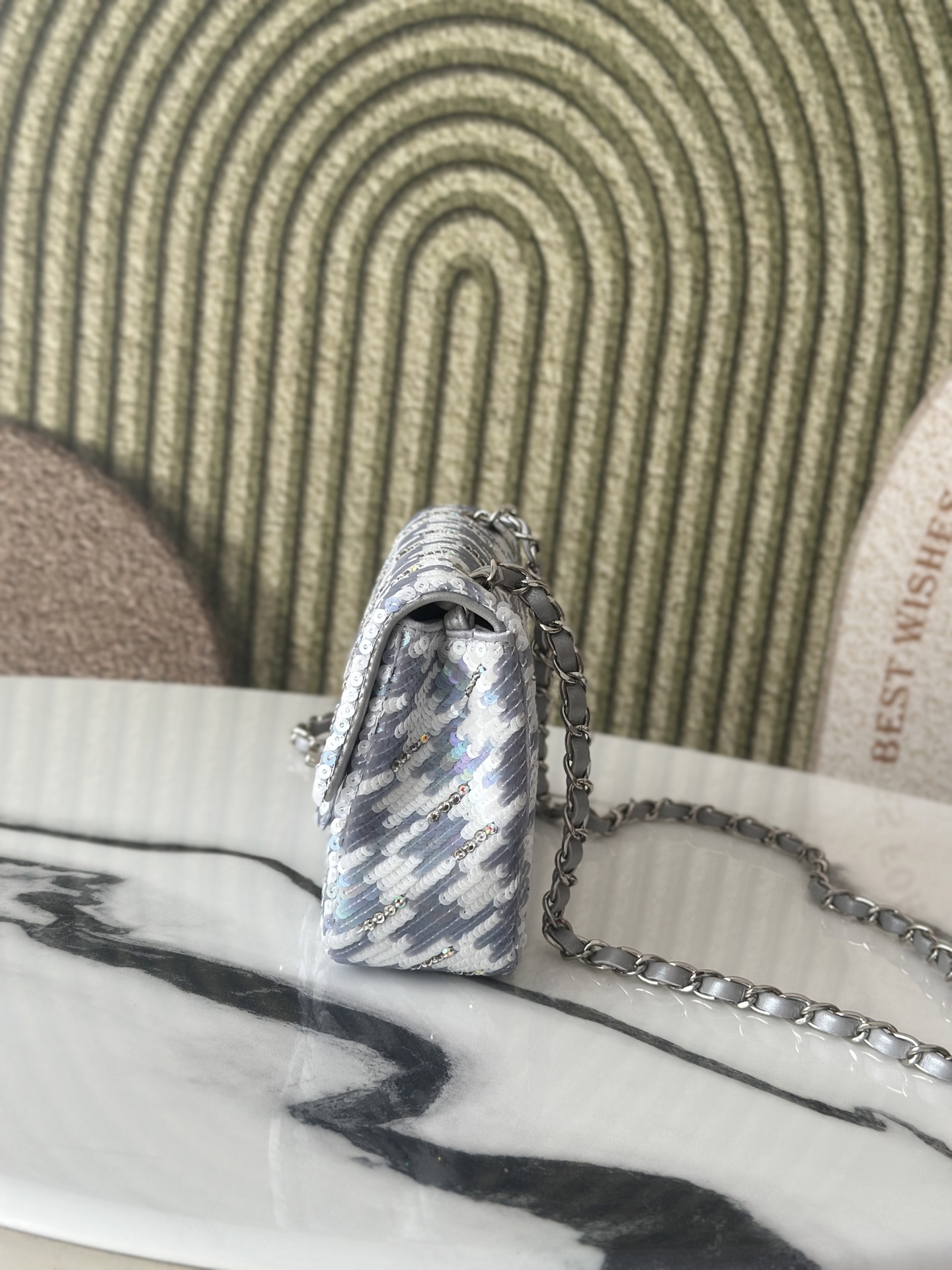 Limited Edition Silver Grey & White Houndstooth Sequin & Strass Mini Classic Flap Bag with Silver-Tone Hardware - Mocuir