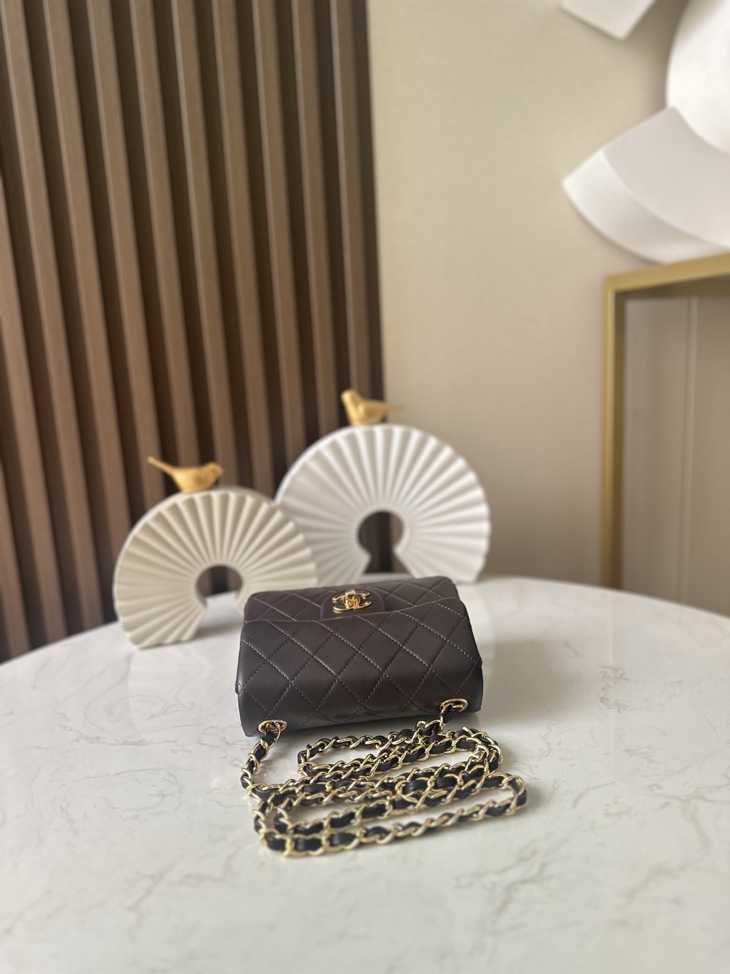 Dark Brown Lambskin Quilted Mini Classic Flap Bag with Gold Hardware - Mocuir