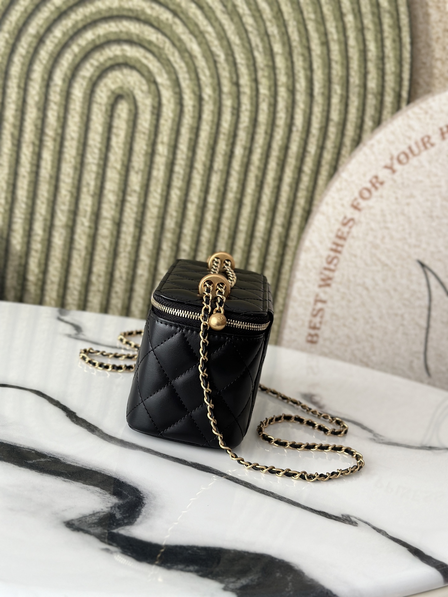 Mini Rectangular Vanity Case with Chain in Black Quilted Lambskin with Gold-Tone Hardware - Mocuir