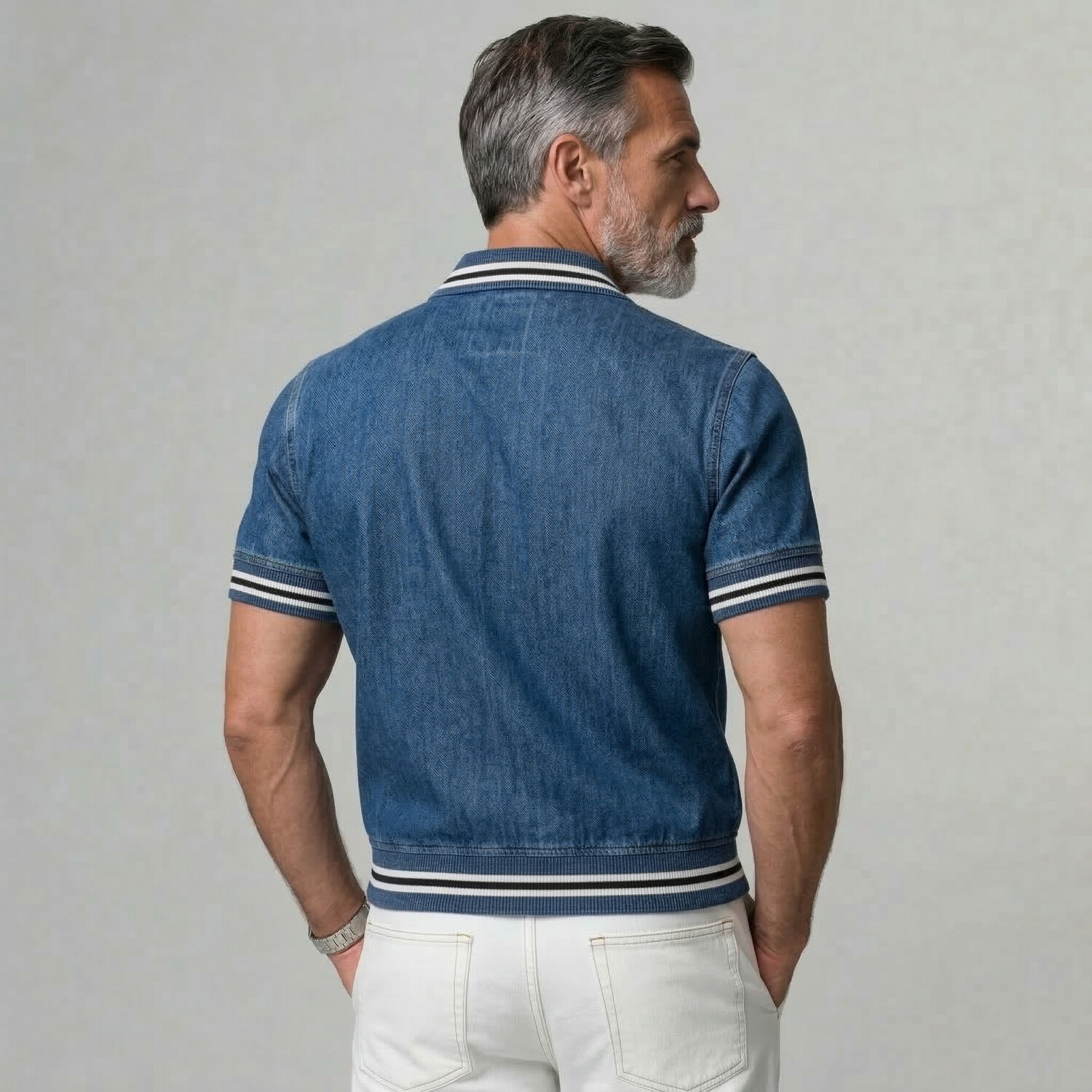 Men's Striped Trim Patchwork Turndown Collar Denim Short Sleeve Shirt