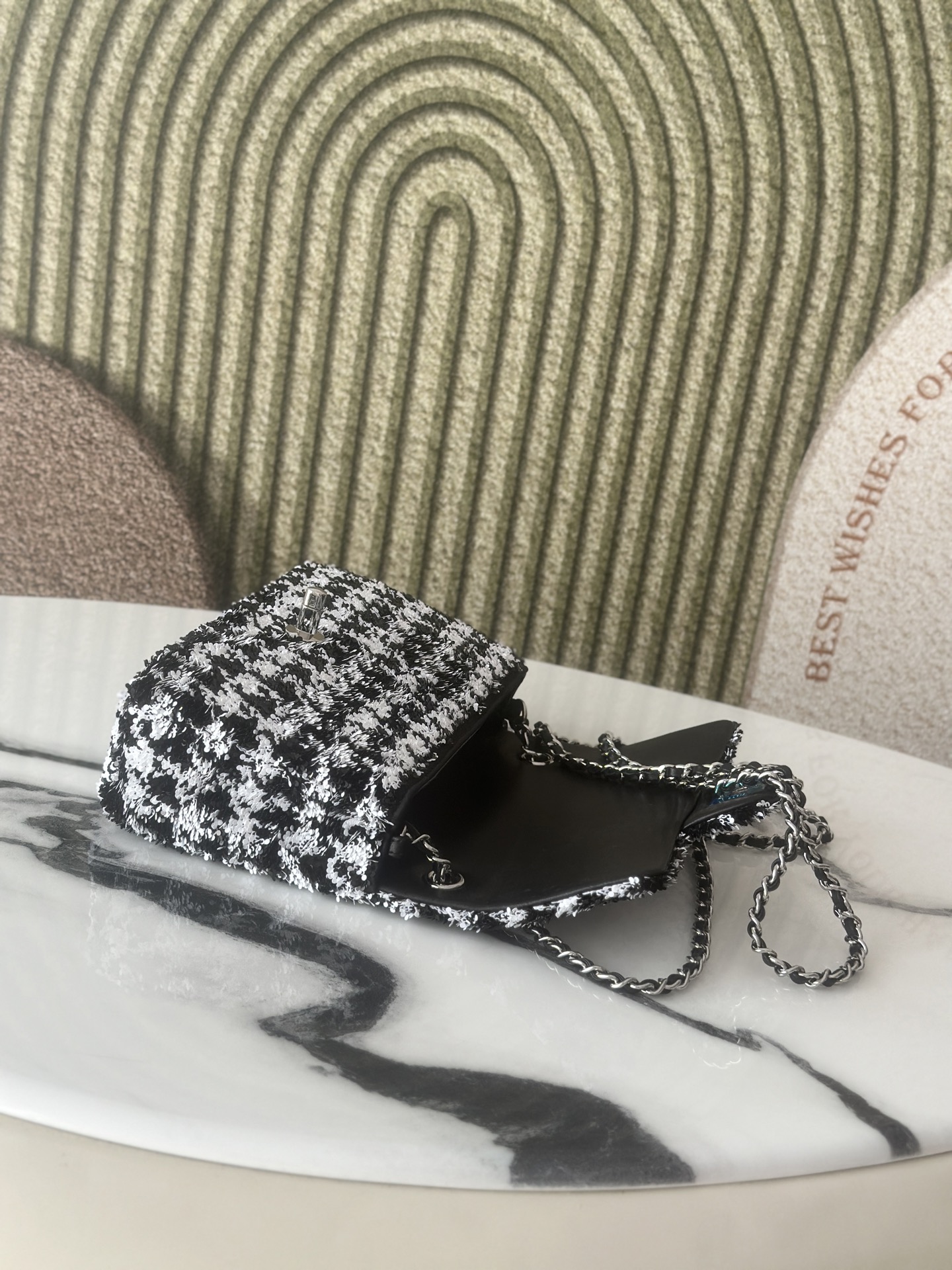 Limited Edition Black & White Houndstooth Sequin Mini Classic Flap Bag - Mocuir