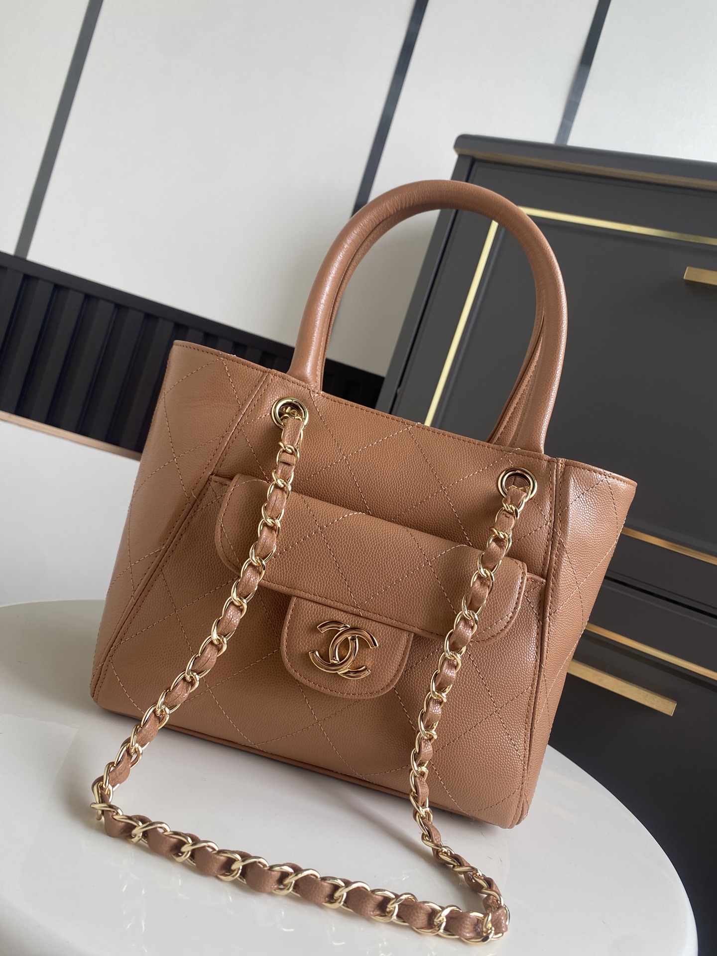 Cruise 2026 Caramel Quilted Caviar Calfskin Mini Tote Bag with Gold-Tone Hardware - Mocuir