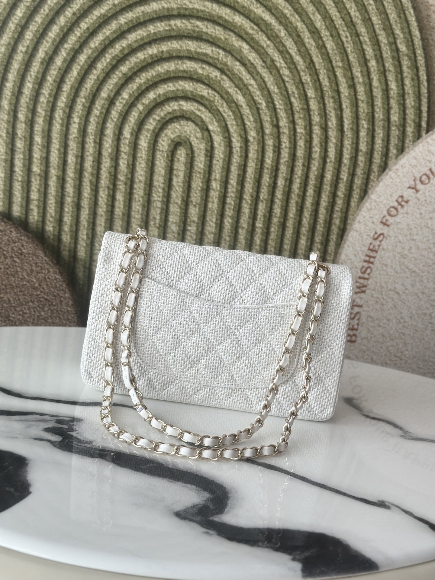 Classic Double Flap Bag in White Tweed with Light Gold Hardware (Model A01112  A69900) - Mocuir