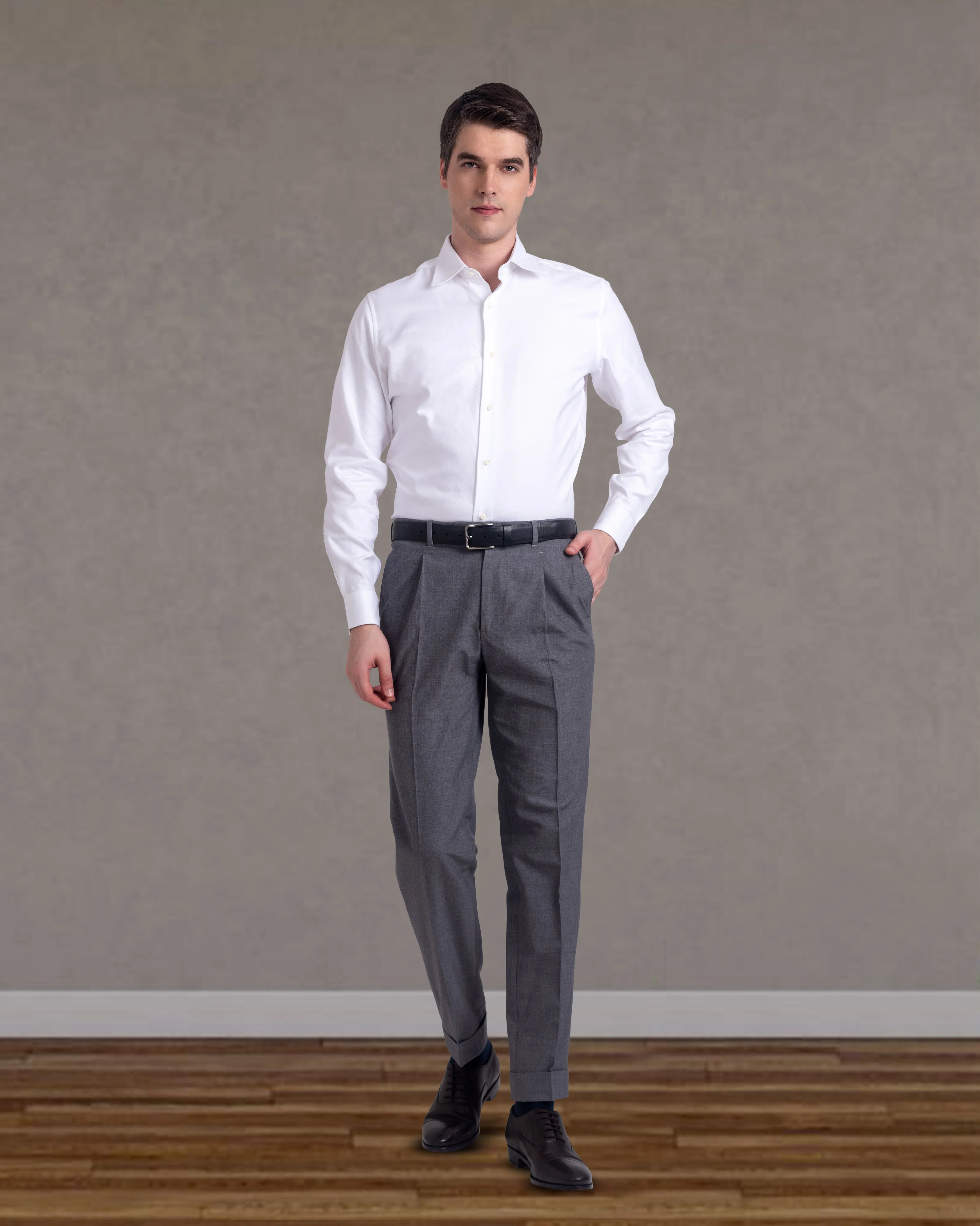 Pleated Grey Wool Flannel Dress Pant
