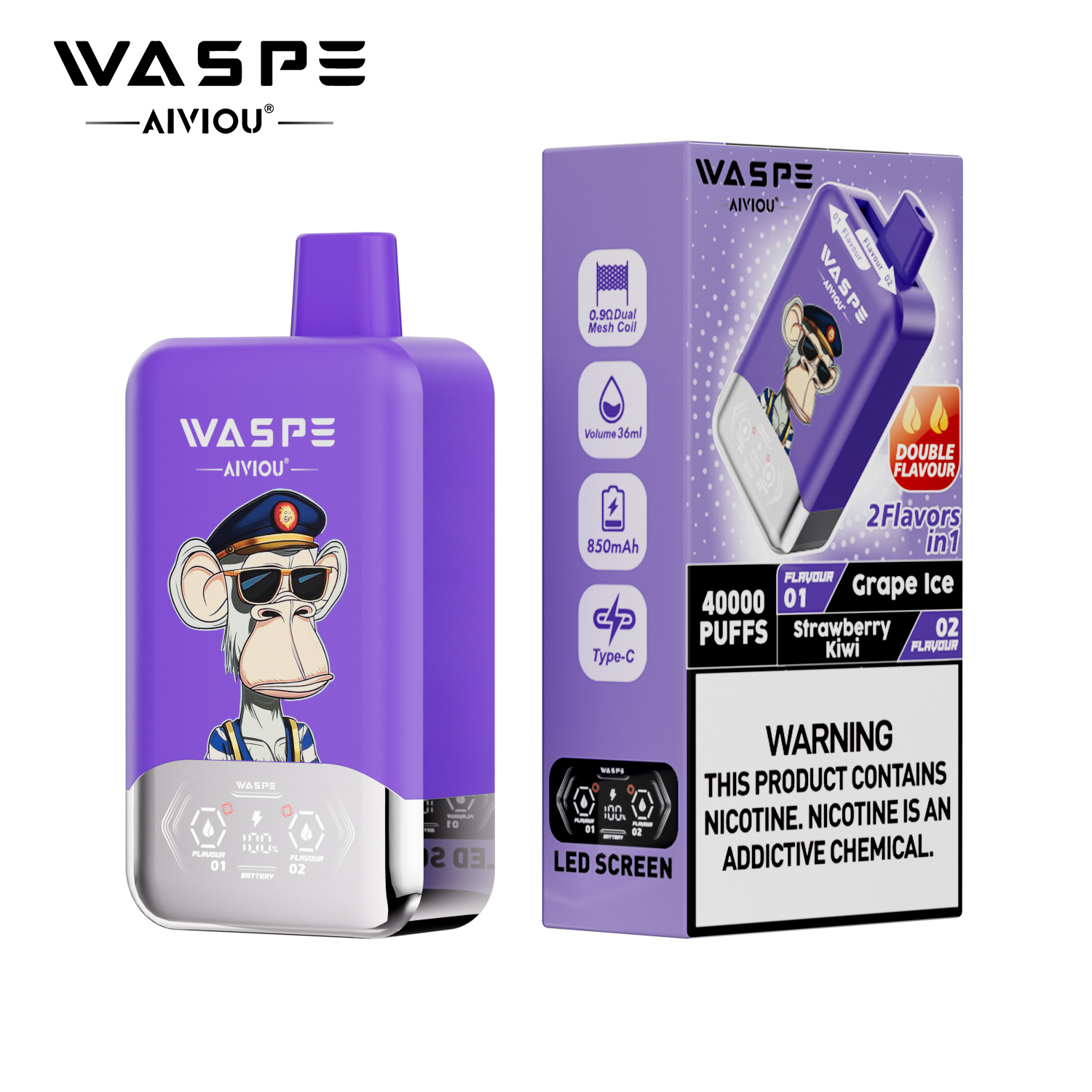 （3 pieces）WASPE 40000 40K Puffs Double Taste LCD Display Disposable Vape