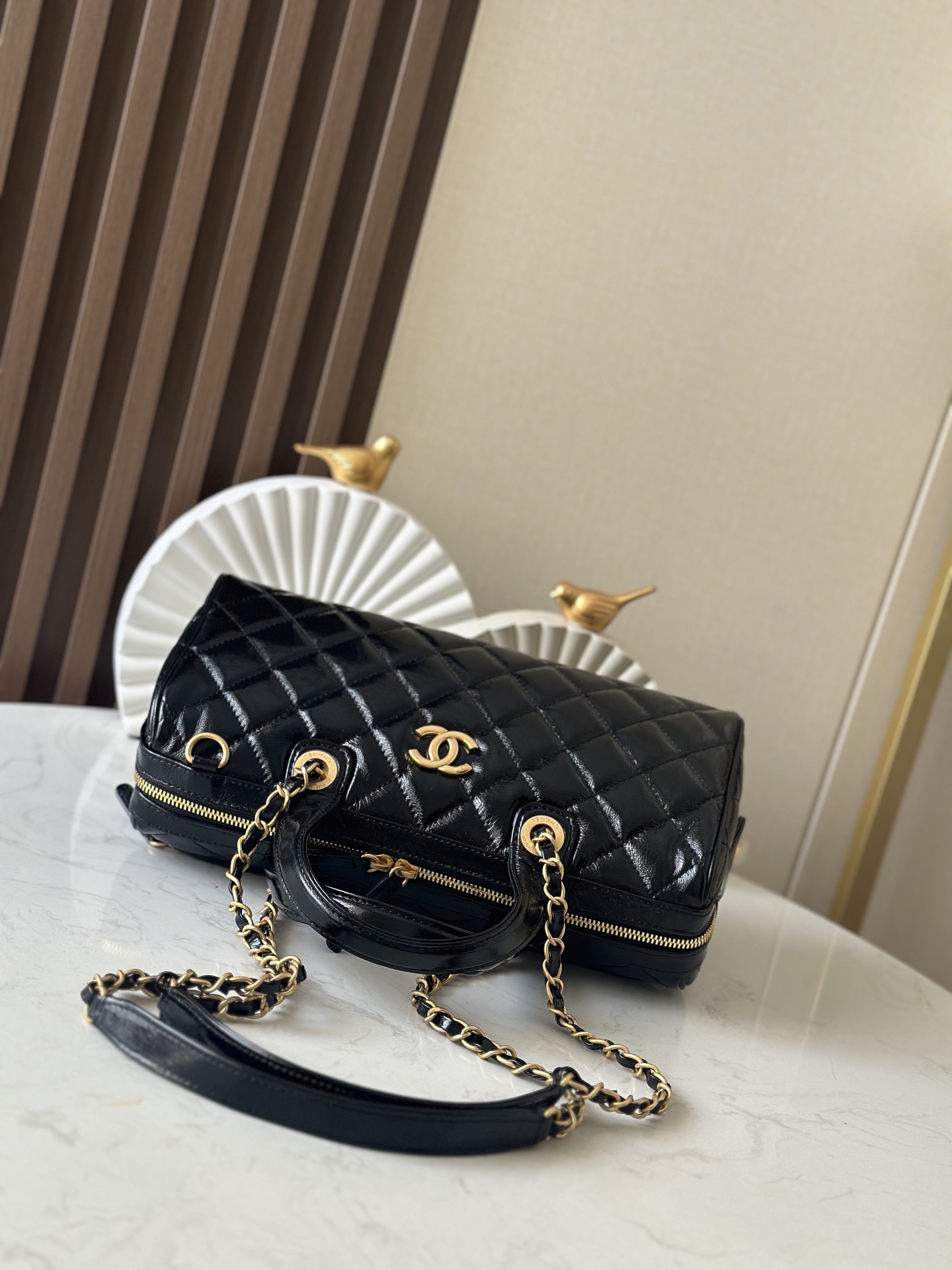 25A Small Bowling Bag in Black Quilted Crinkled Patent Calfskin with Gold-Tone Hardware - Mocuir