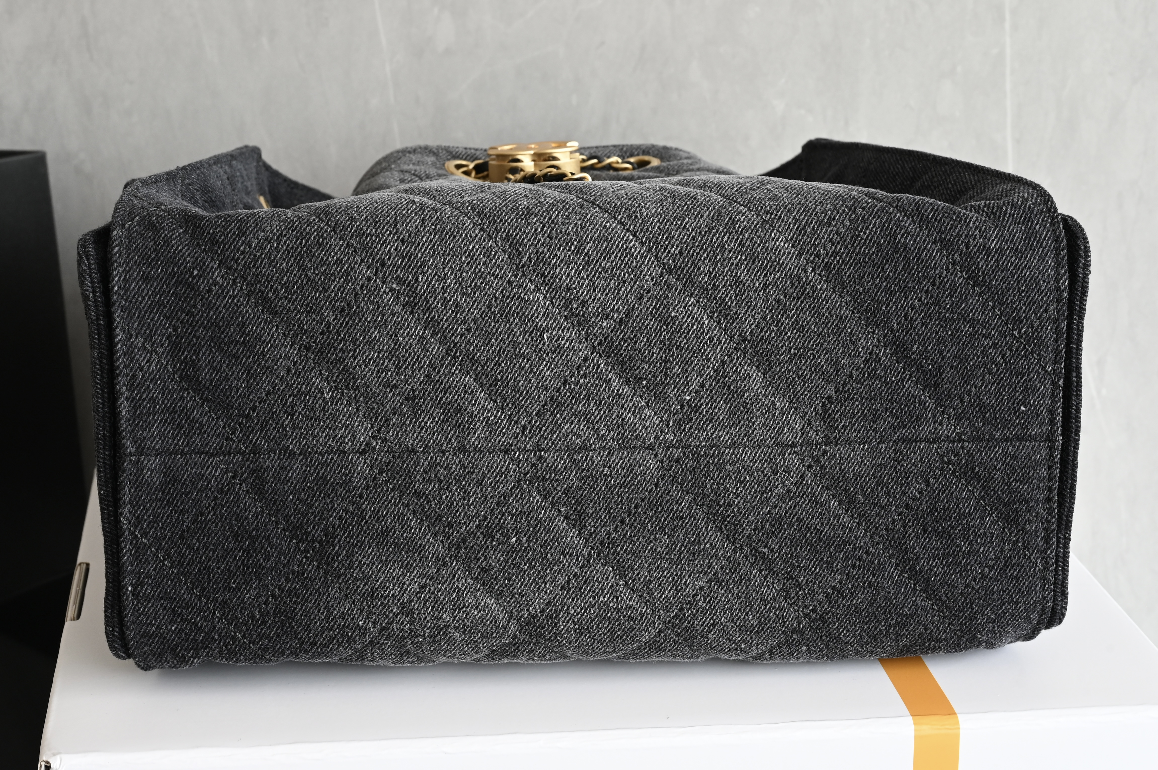 25 Small Handbag (AS5293) in Black Washed Denim with Antique Gold-Tone Hardware - Mocuir