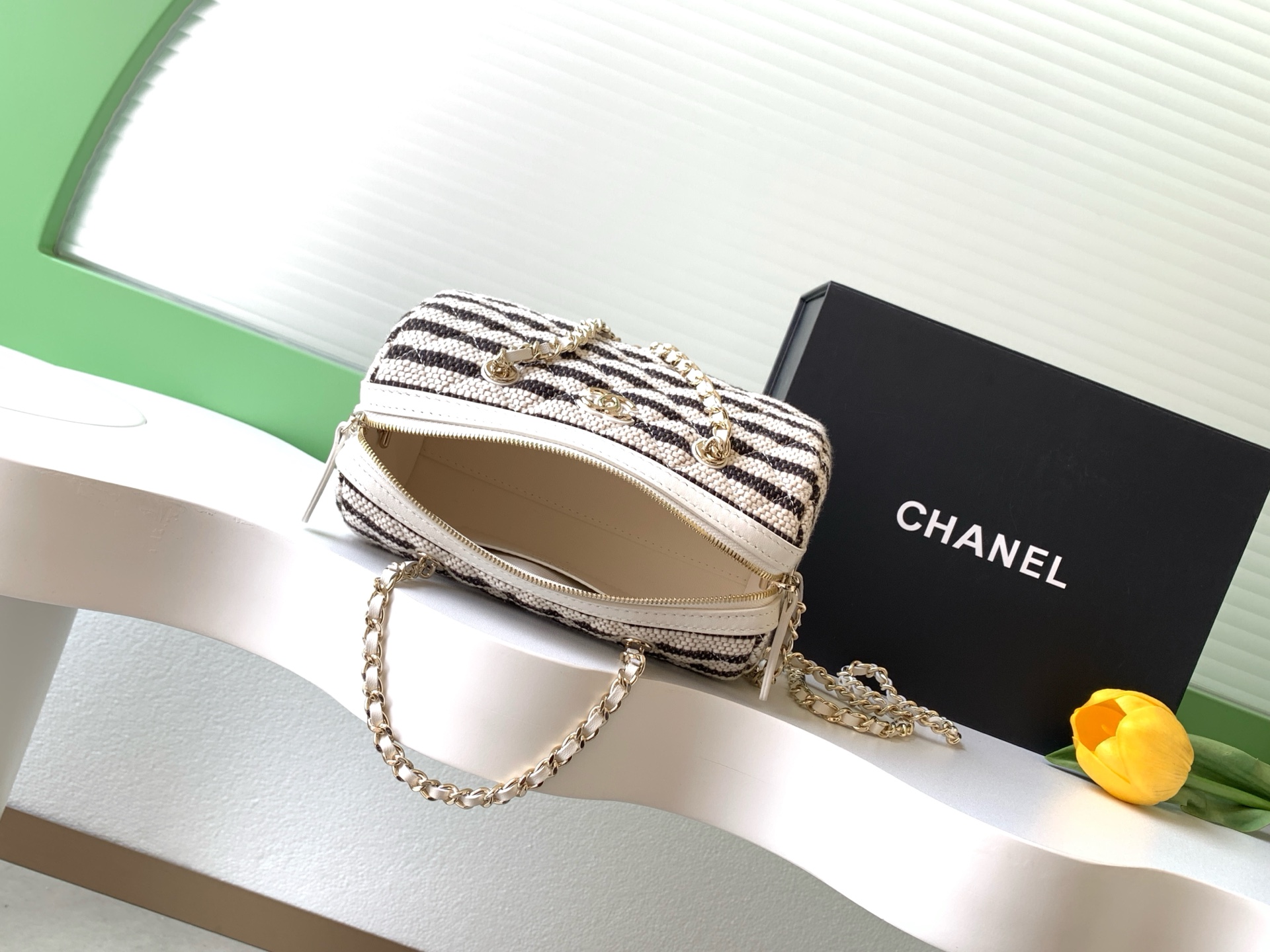 Deauville Striped Quilted Box Bag Vanity Case in Black with Light Gold-Tone Hardware - Mocuir