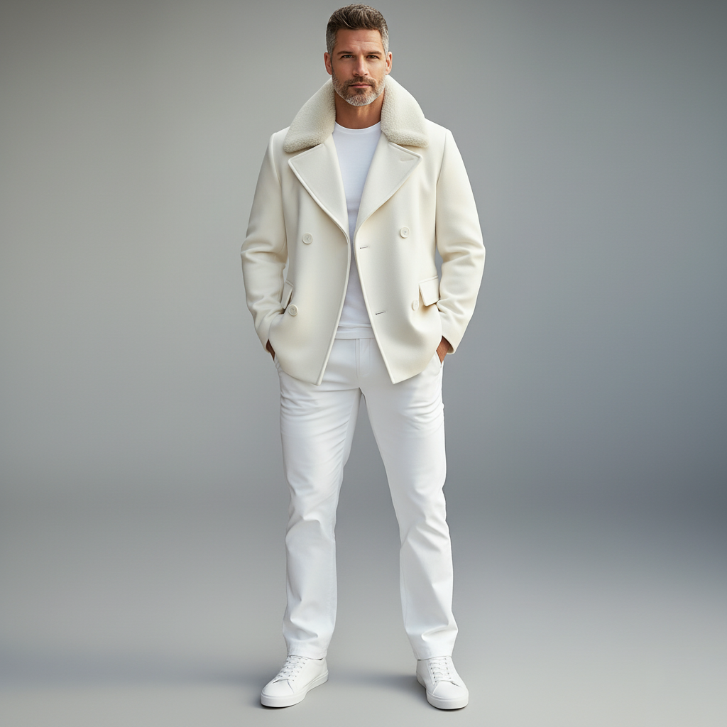 Men's Off White Plush Collar Double Breasted Long Sleeve Coat