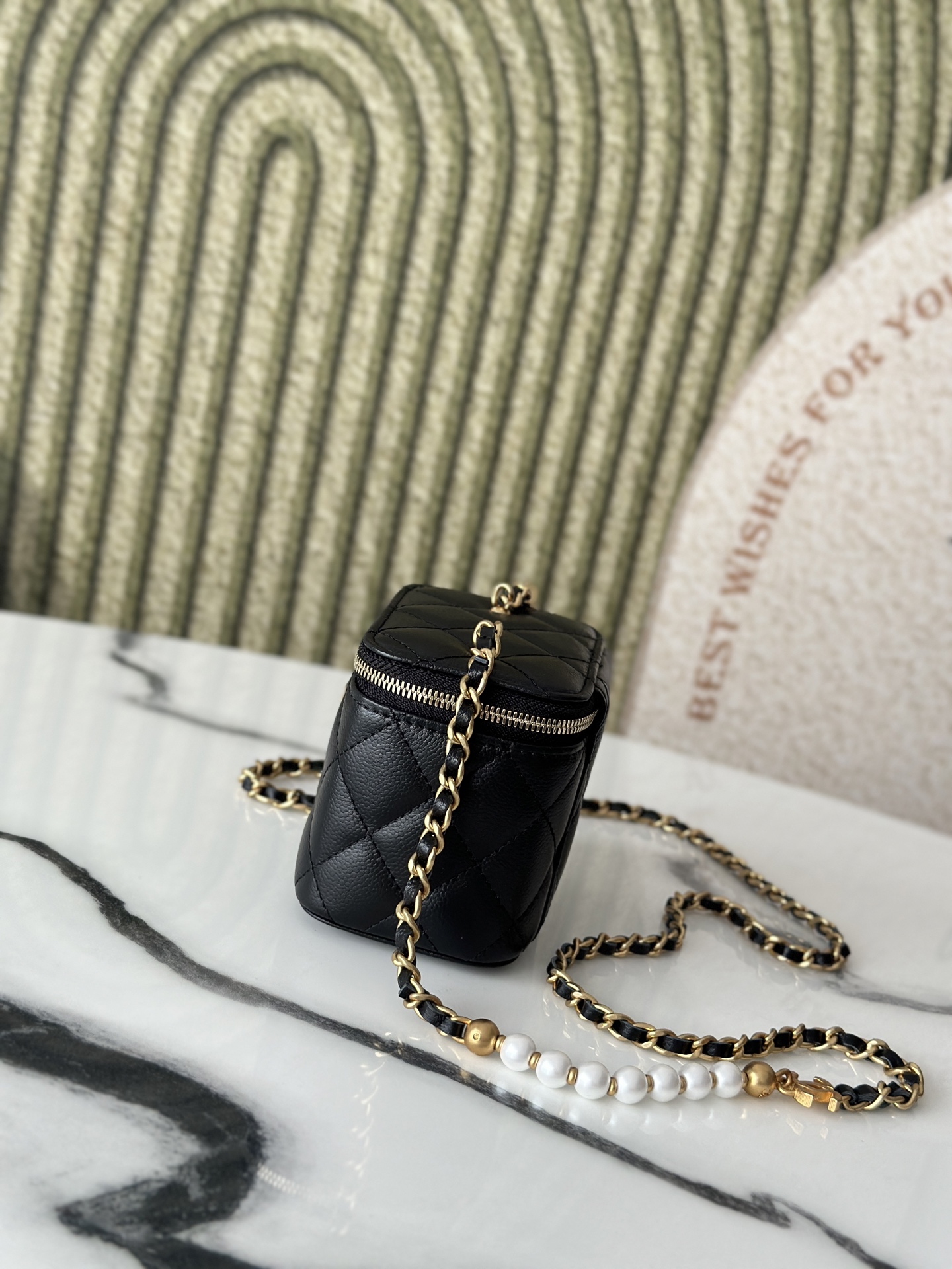 Mini Vanity Case with Pearl Chain (AP3940) in Black Caviar Leather with Gold-Tone Hardware - Mocuir