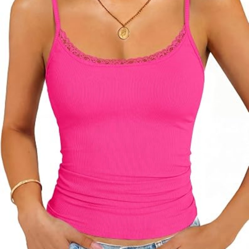 Womens Lace Tank Top Adjustable Spaghetti Straps Ribbed Camisole Tops